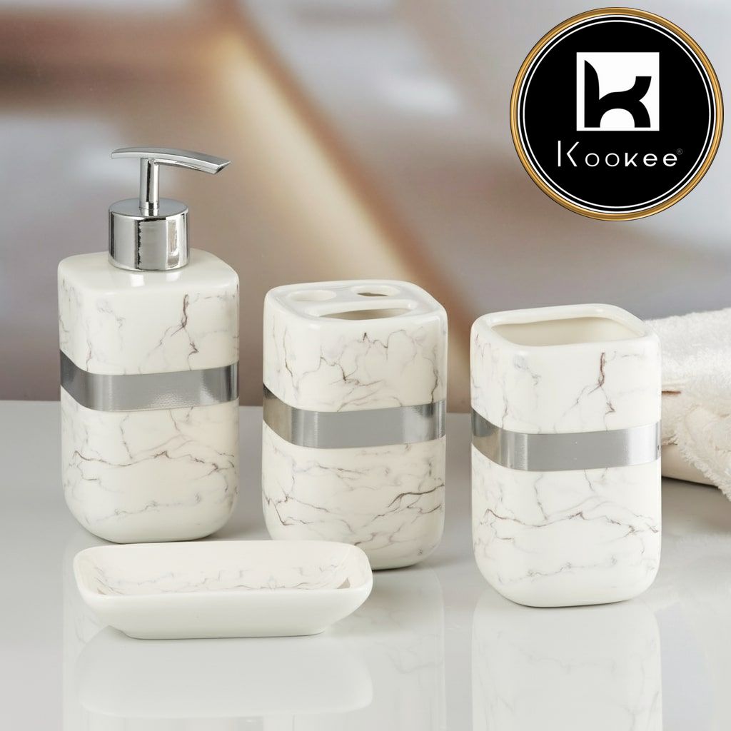 Kookee Ceramic Bathroom Accessories Set of 4 with Soap Dispenser (10111)
