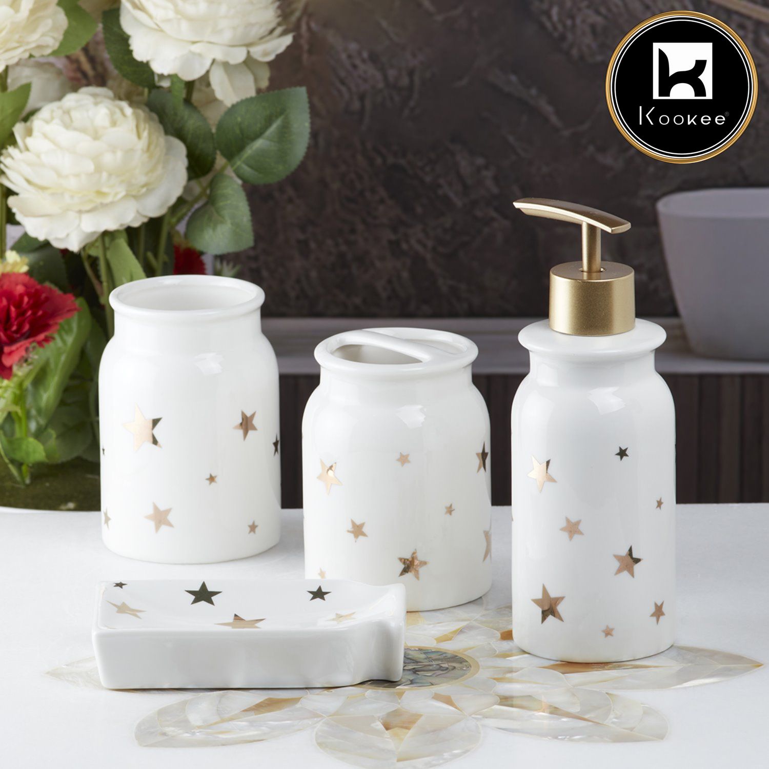 Ceramic Bathroom Set of 4 with Soap Dispenser (10112)