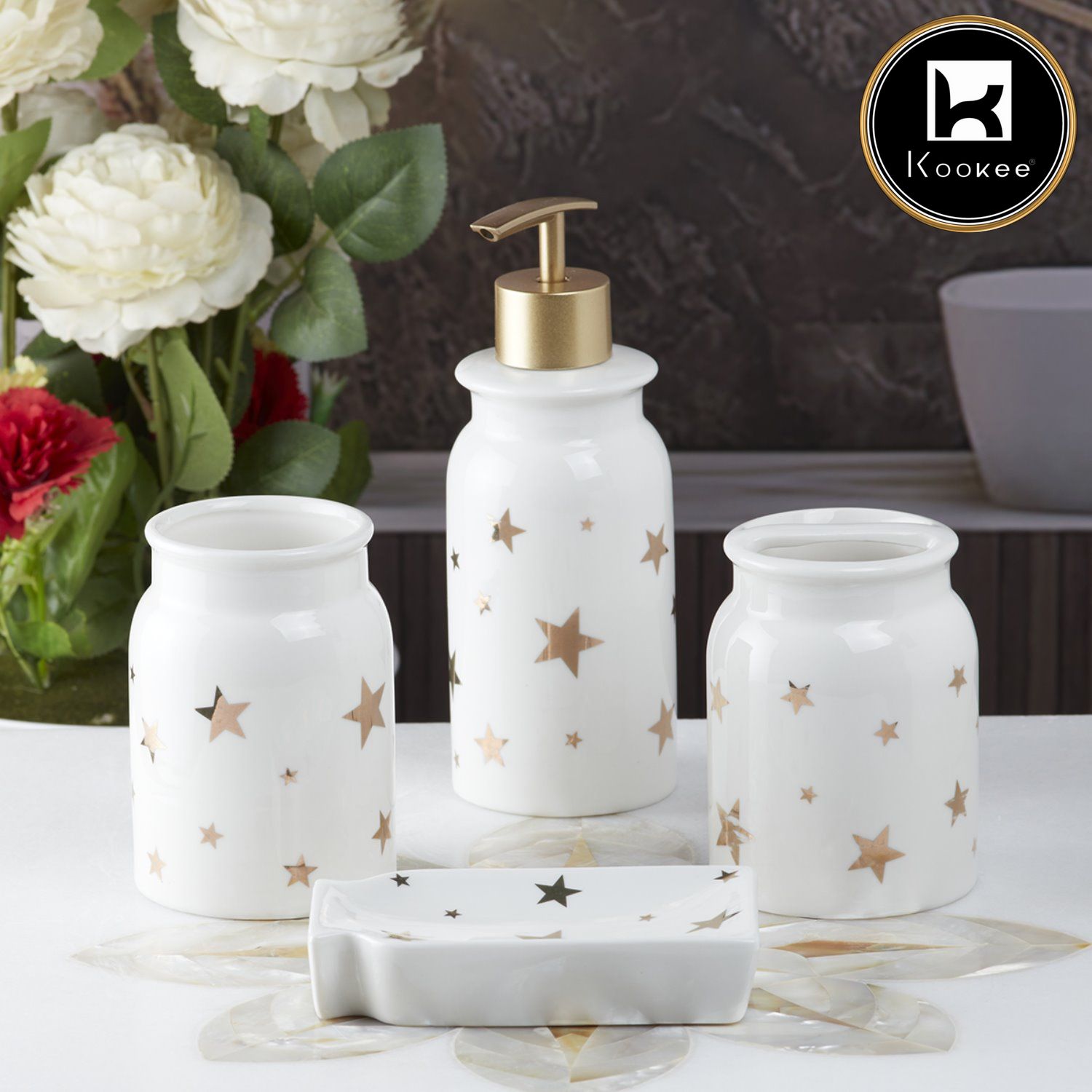 Ceramic Bathroom Set of 4 with Soap Dispenser (10112)