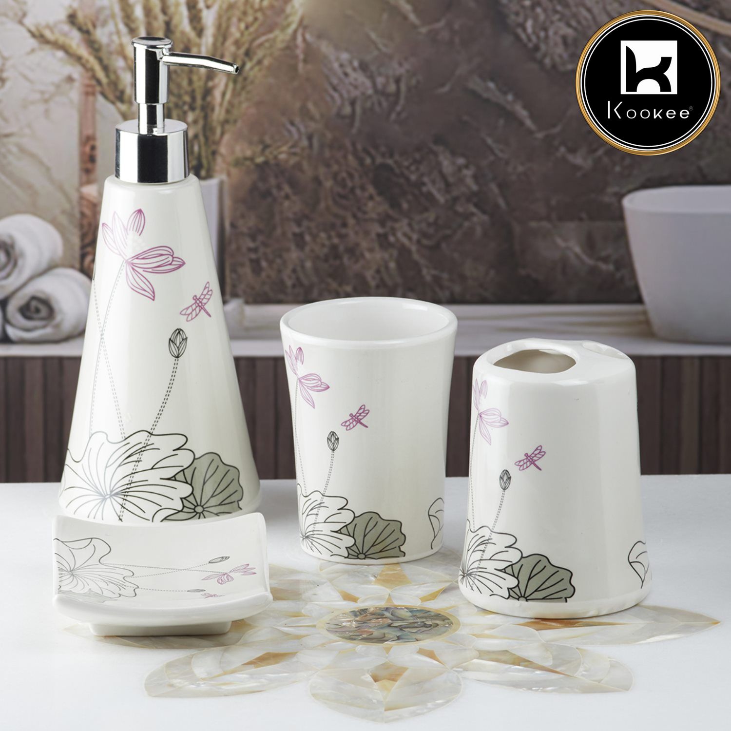 Ceramic Bathroom Accessories Set of 4 with Soap Dispenser (10114)