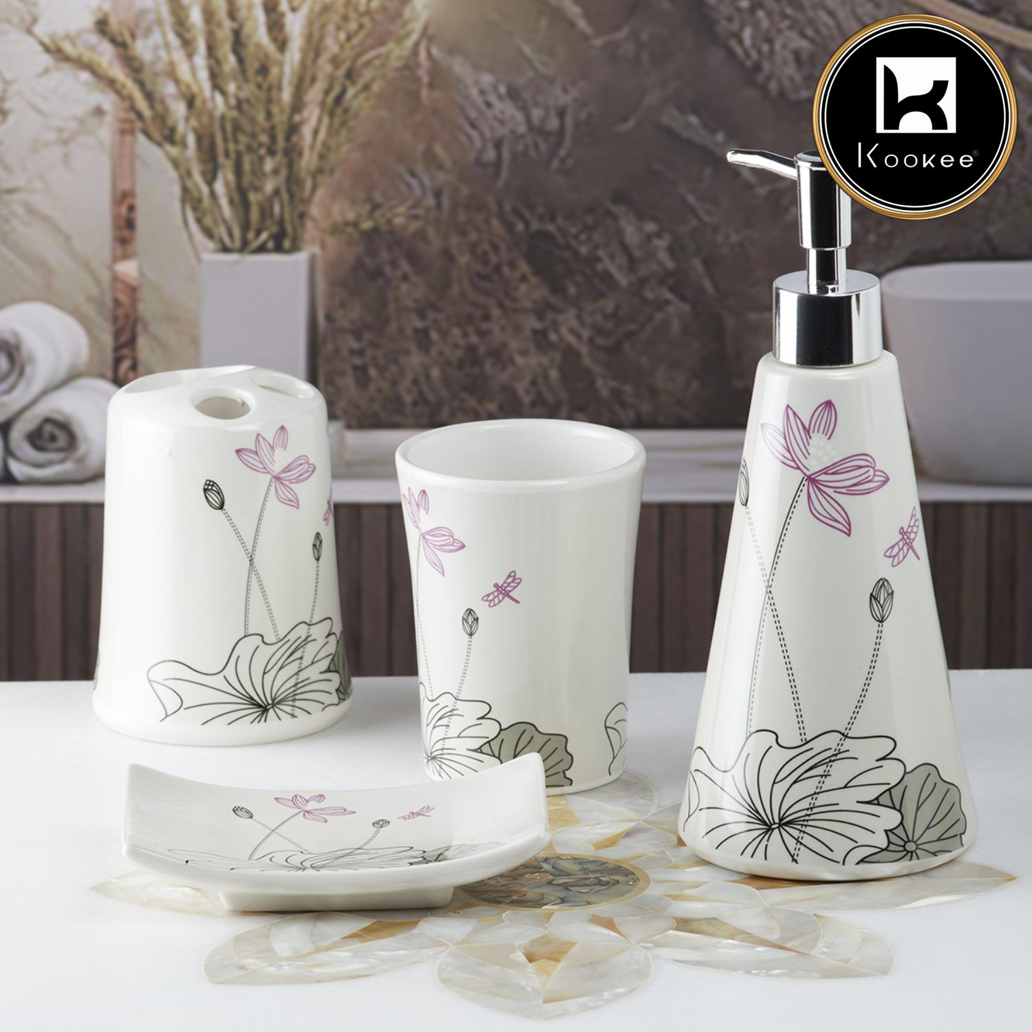 Ceramic Bathroom Accessories Set of 4 with Soap Dispenser (10114)