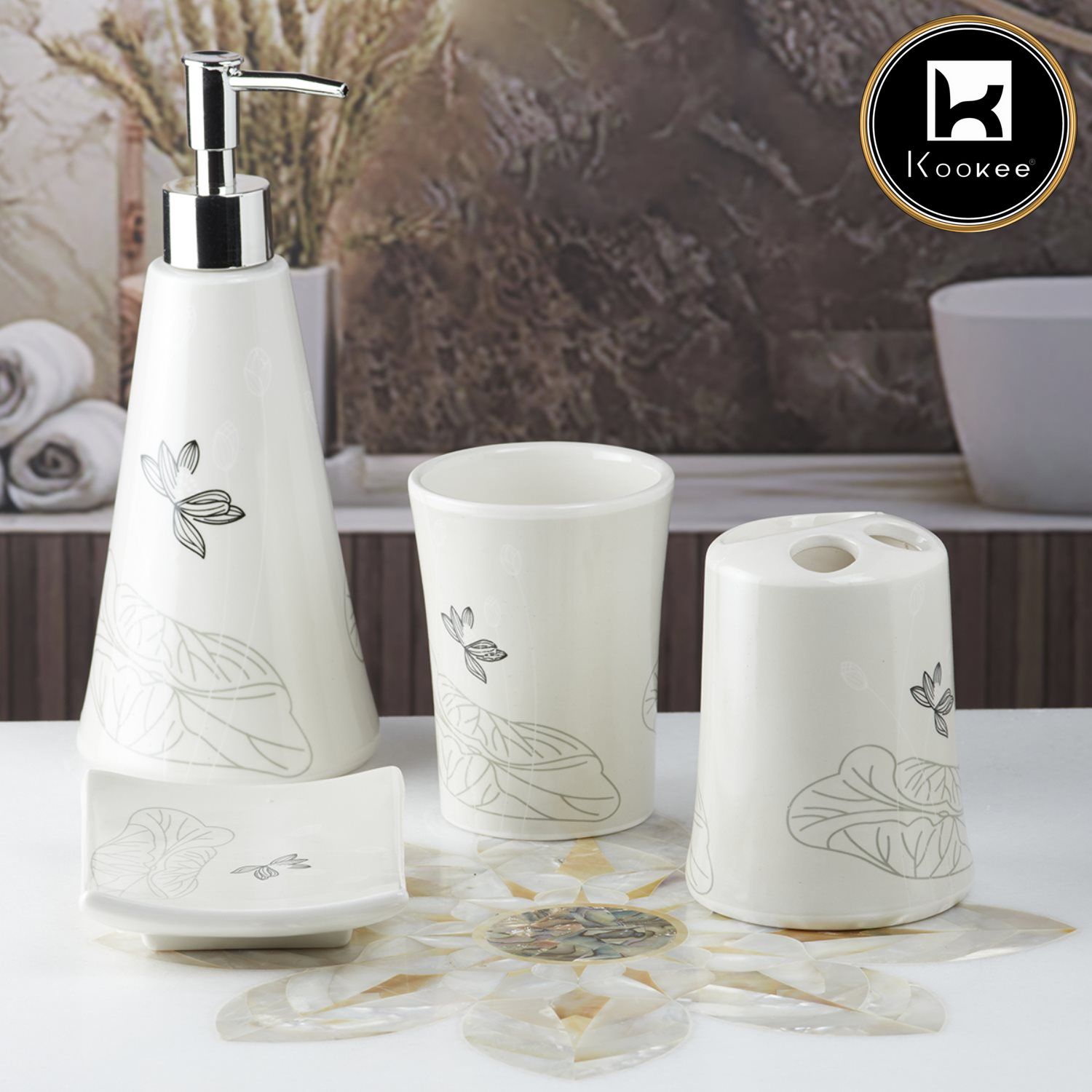 Ceramic Bathroom Accessories Set of 4 with Soap Dispenser (10115)