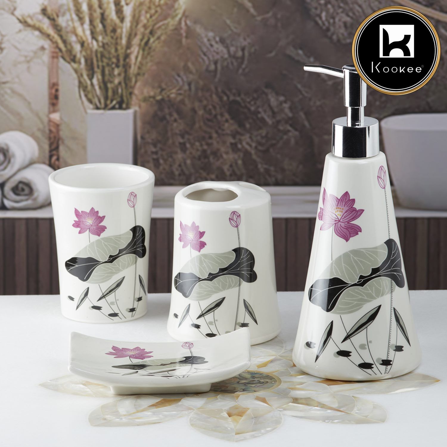 Ceramic Bathroom Accessories Set of 4 with Soap Dispenser (10116)