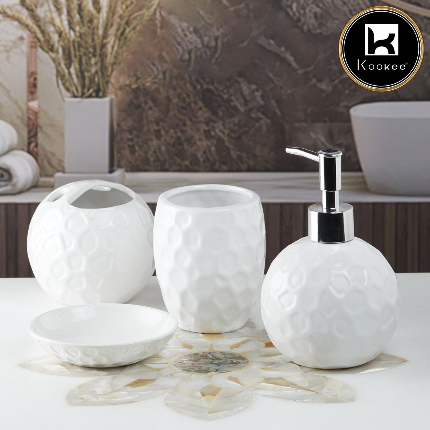 Ceramic Bathroom Set of 4 with Soap Dispenser (10117)