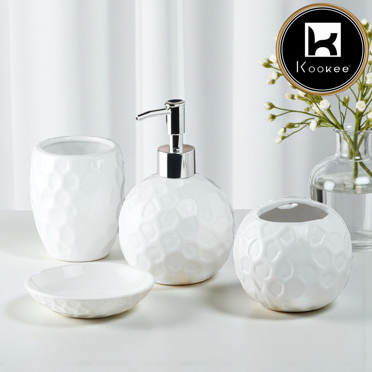 Kookee Ceramic Bathroom Set of 4 with Soap Dispenser (10117)