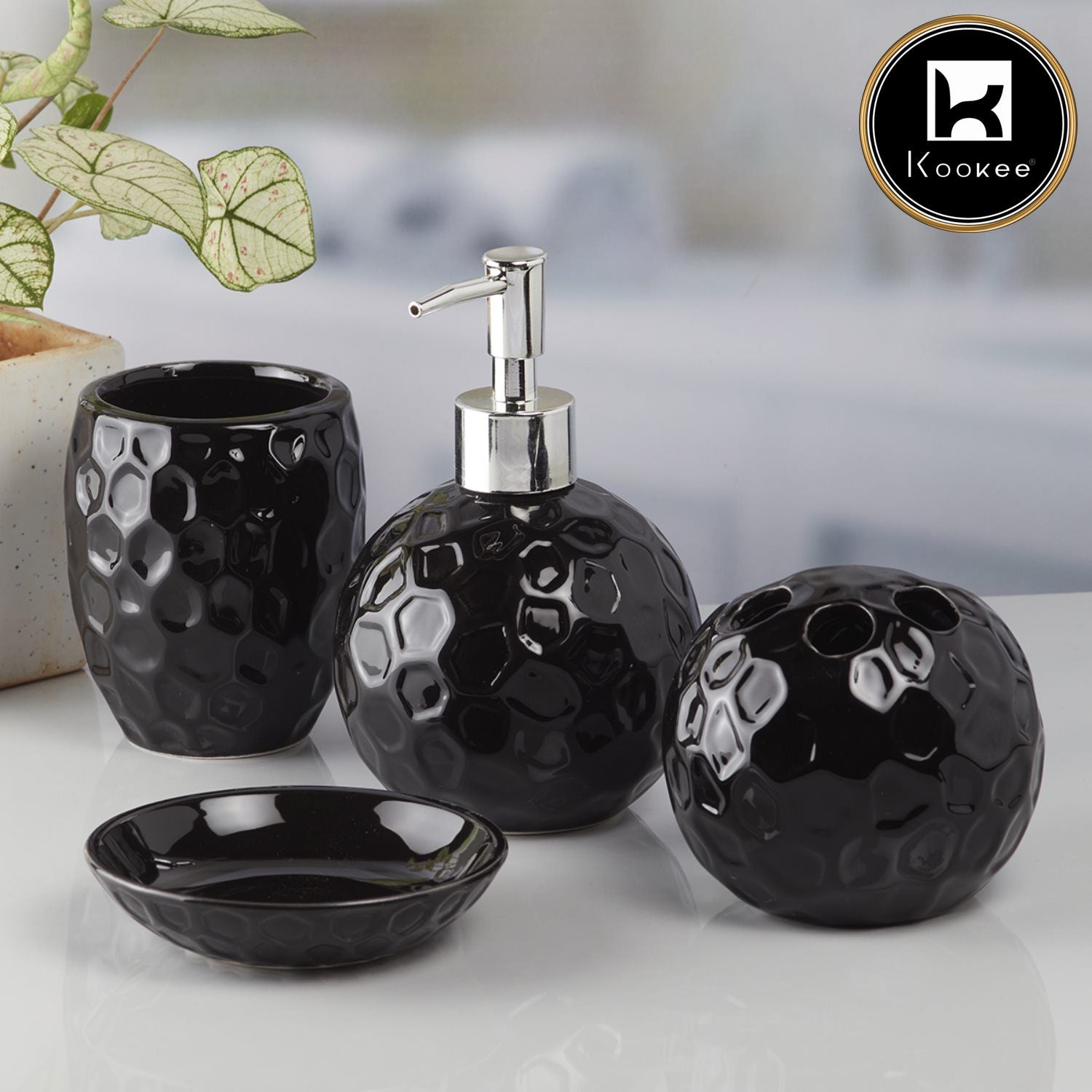 Kookee Ceramic Bathroom Accessories Set of 4, Modern Bath Set with Liquid handwash Soap Dispenser and Toothbrush holder, Luxury Gift Accessory for Home, Black