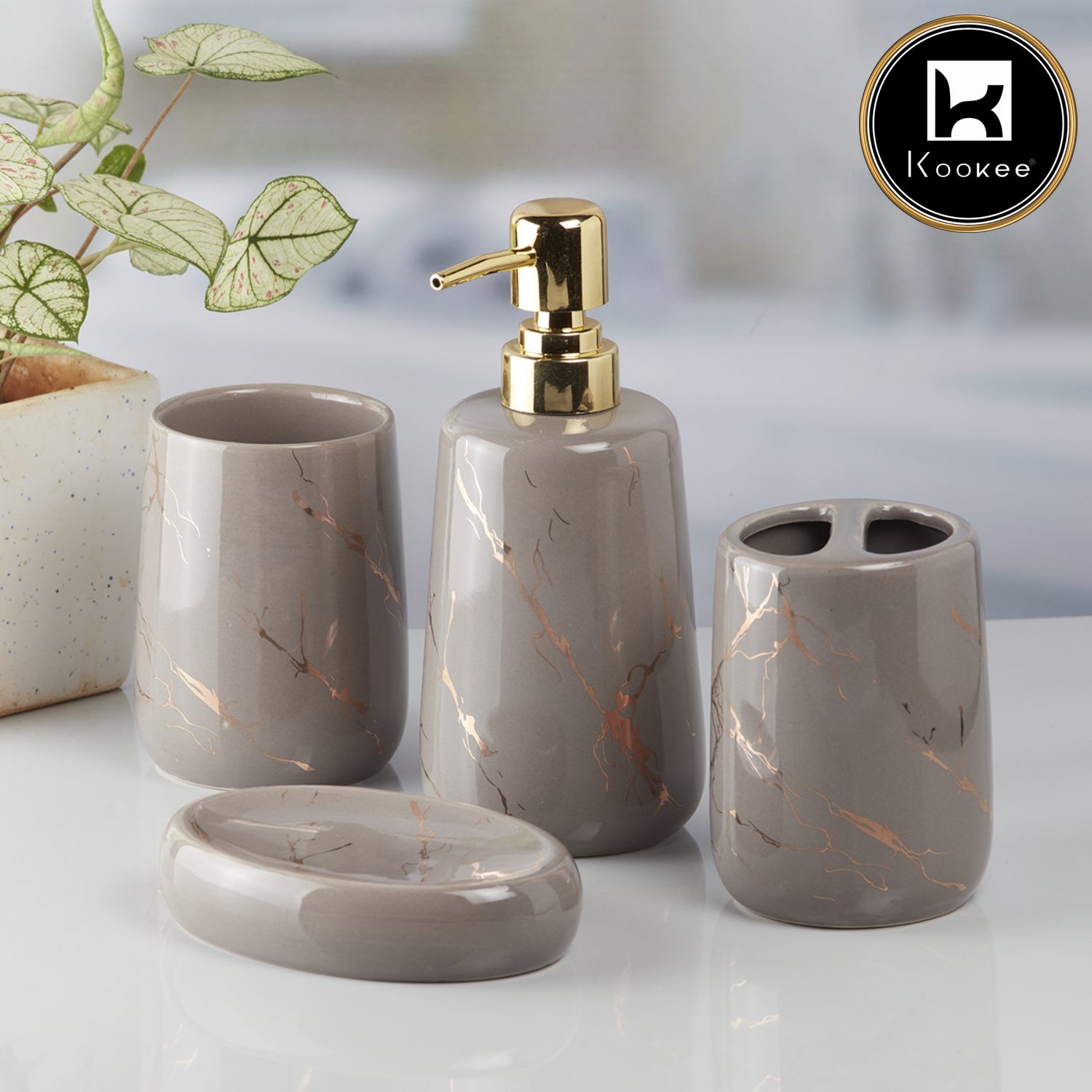 Ceramic Bathroom Set of 4 with Soap Dispenser (10119)