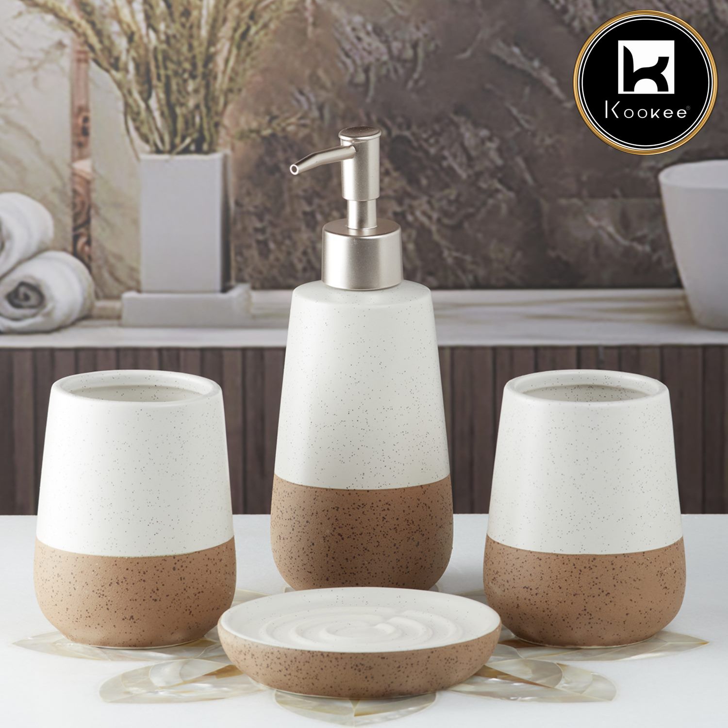 Ceramic Bathroom Accessories Set of 4 with Soap Dispenser (10123)