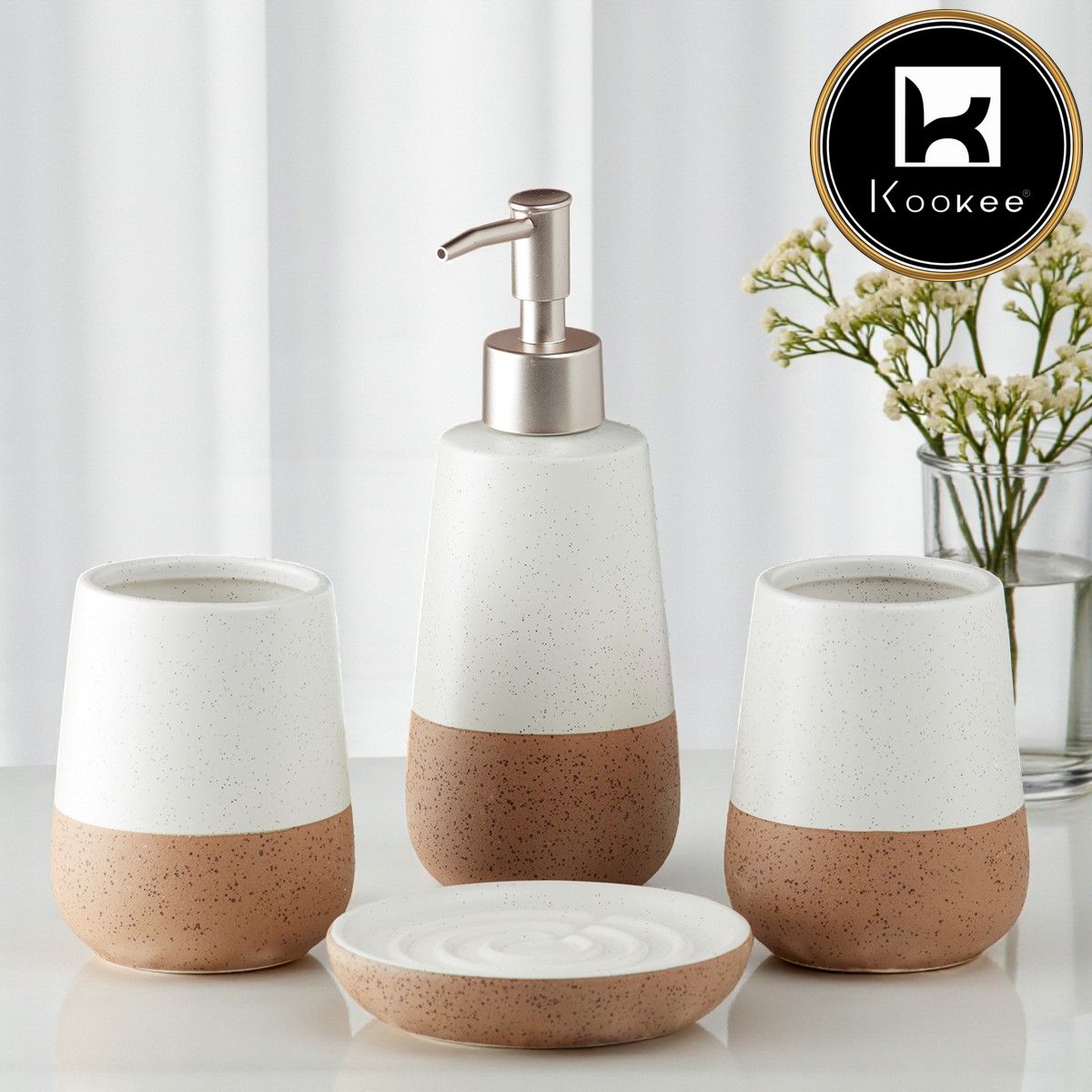 Ceramic Bathroom Accessories Set of 4 with Soap Dispenser (10123)