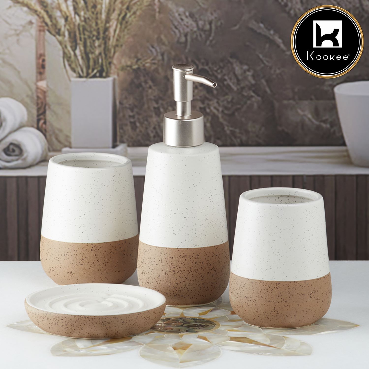 Ceramic Bathroom Accessories Set of 4 with Soap Dispenser (10123)