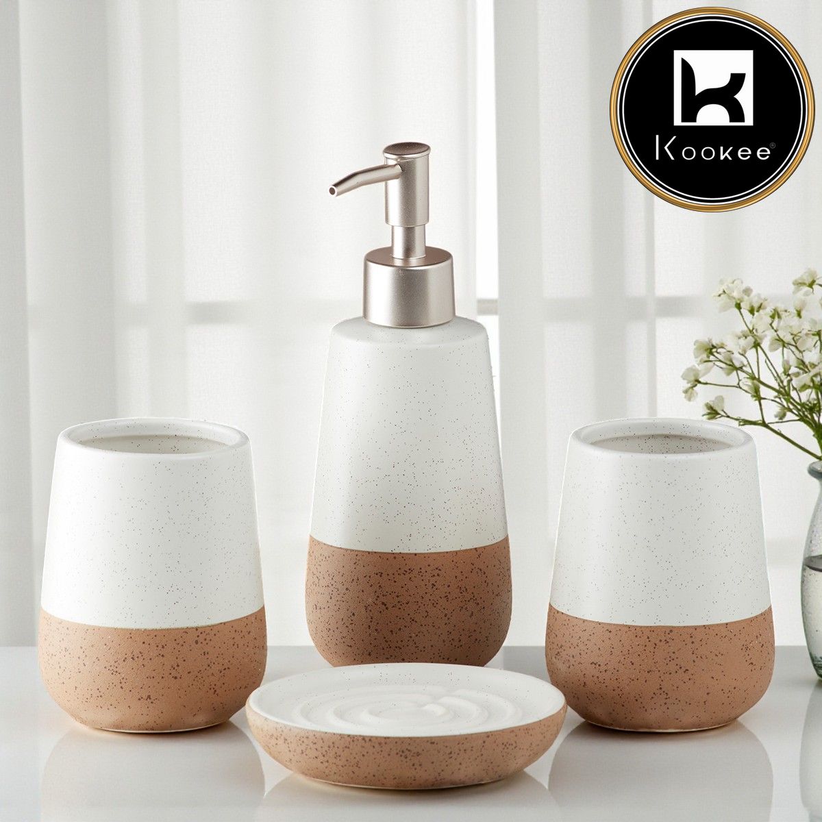 Ceramic Bathroom Accessories Set of 4 with Soap Dispenser (10123)