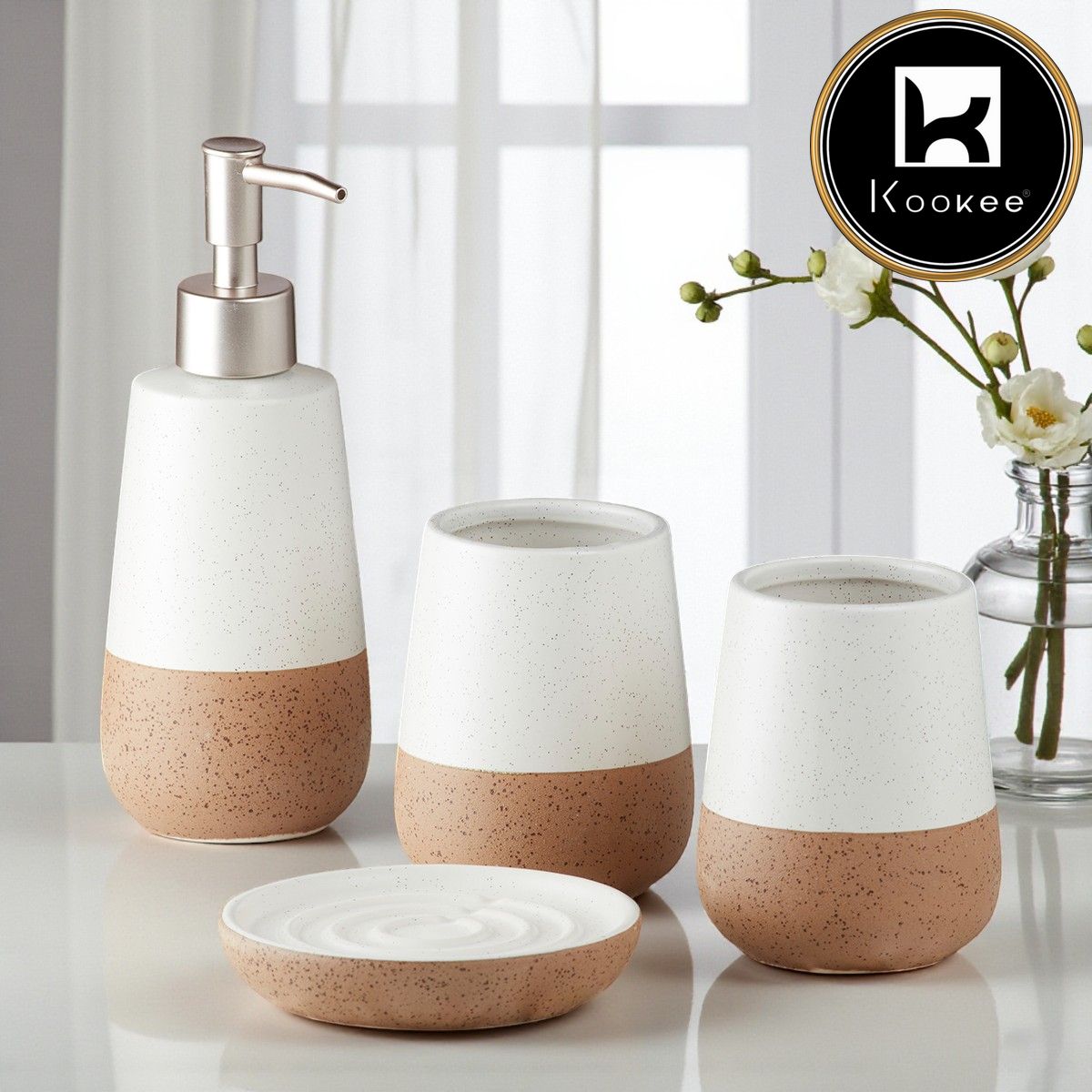 Kookee Ceramic Bathroom Accessories Set of 4 with Soap Dispenser (10123)
