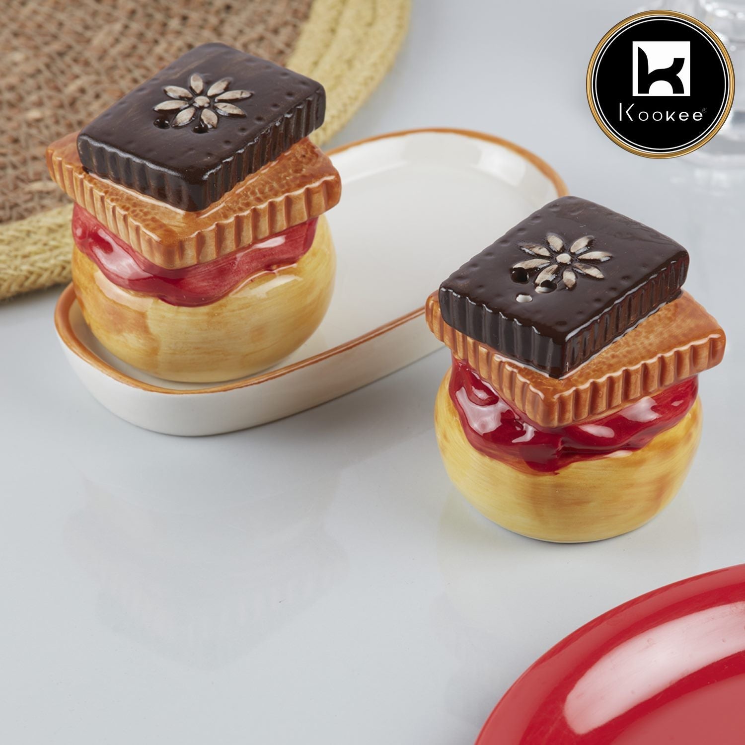Kookee Ceramic Salt Pepper Container Set with tray (10149)