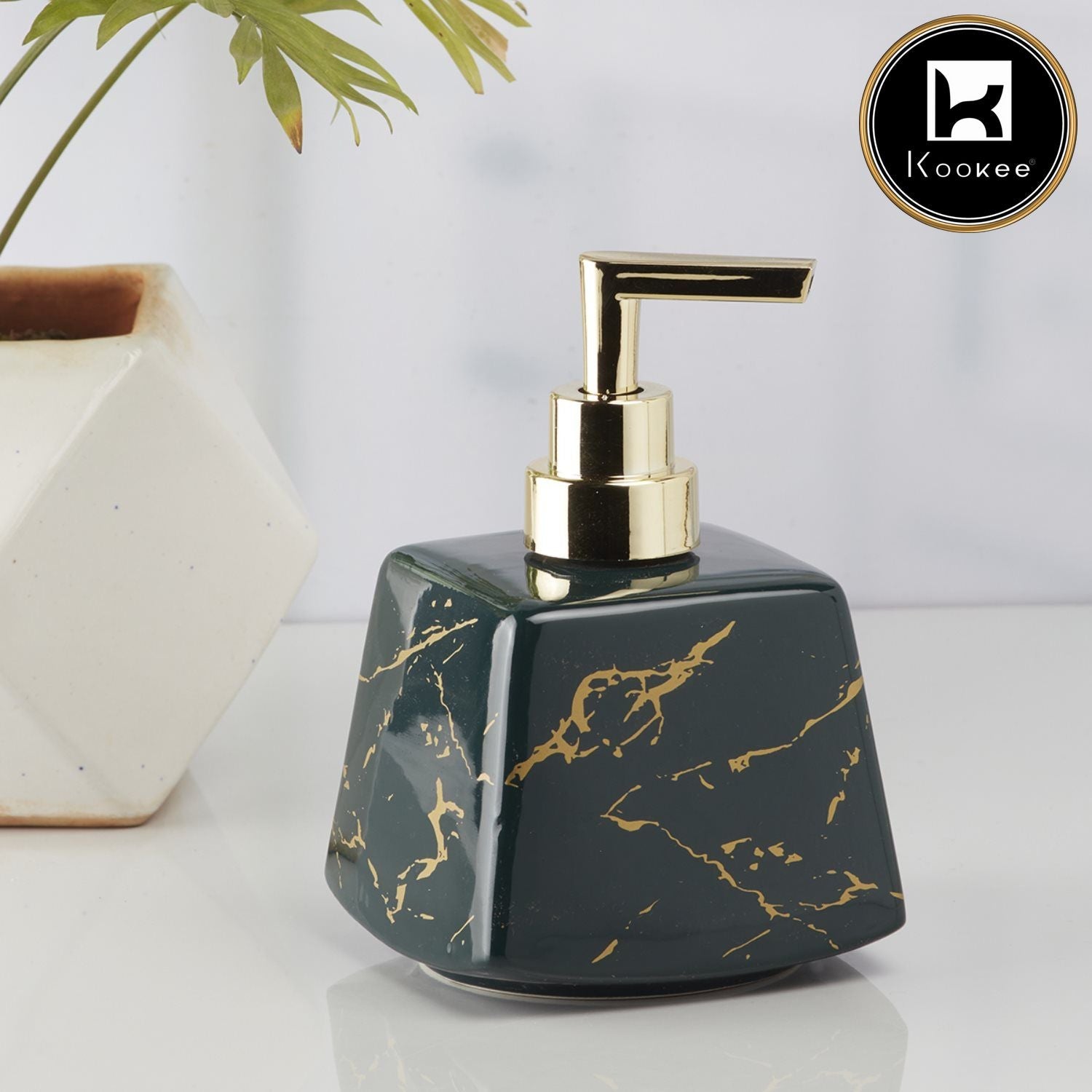 Kookee Ceramic Soap Dispenser with Stylish Refillable Pump Bottle for Bathroom Handwash & Kitchen Wash Basin, Perfect for Hand Soap, Lotion, and more, Green/Gold,