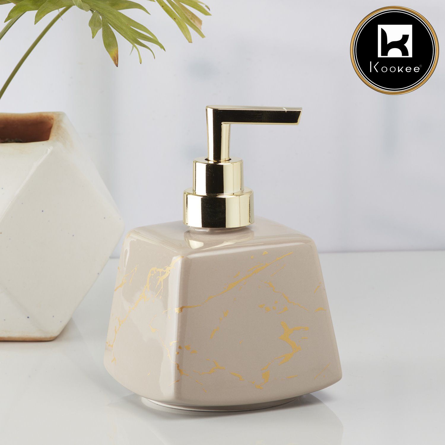 Kookee Ceramic Soap Dispenser with Stylish Refillable Pump Bottle for Bathroom Handwash & Kitchen Wash Basin, Perfect for Hand Soap, Lotion, and more, Grey/Gold,