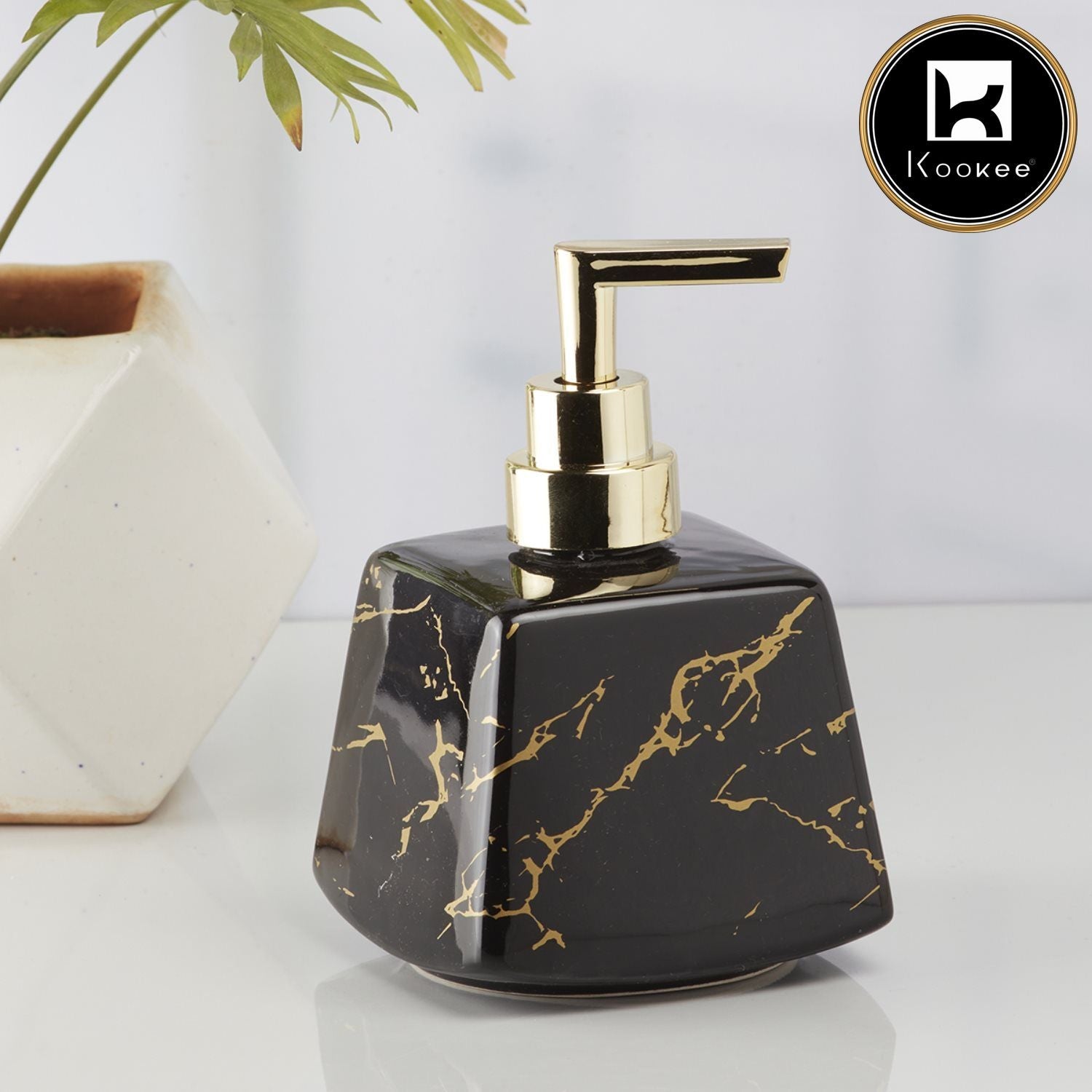 Kookee Ceramic Soap Dispenser with Stylish Refillable Pump Bottle for Bathroom Handwash & Kitchen Wash Basin, Perfect for Hand Soap, Lotion, and more, Black/Gold,