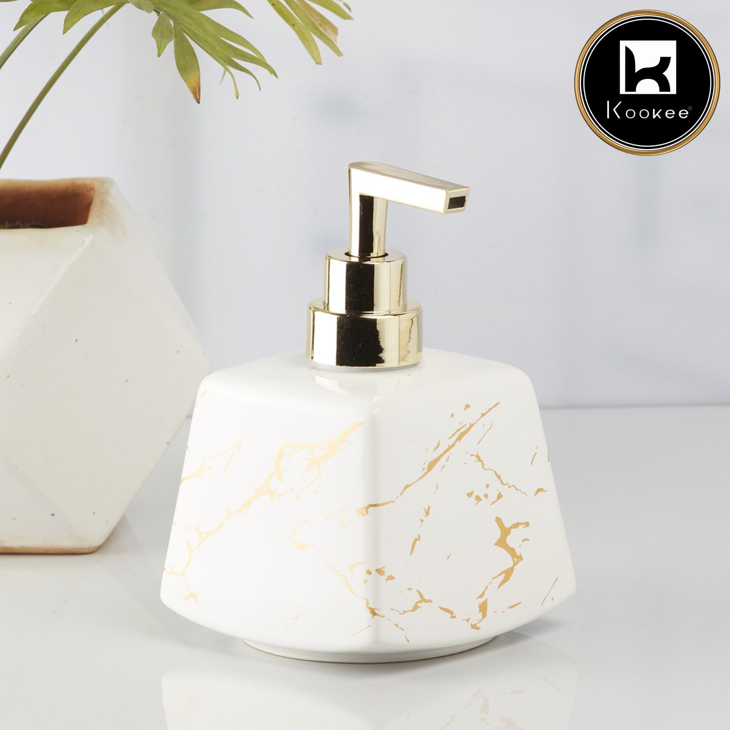 Ceramic Soap Dispenser for handwash for Bathroom, White/Gold, (Set of 1) (10154)