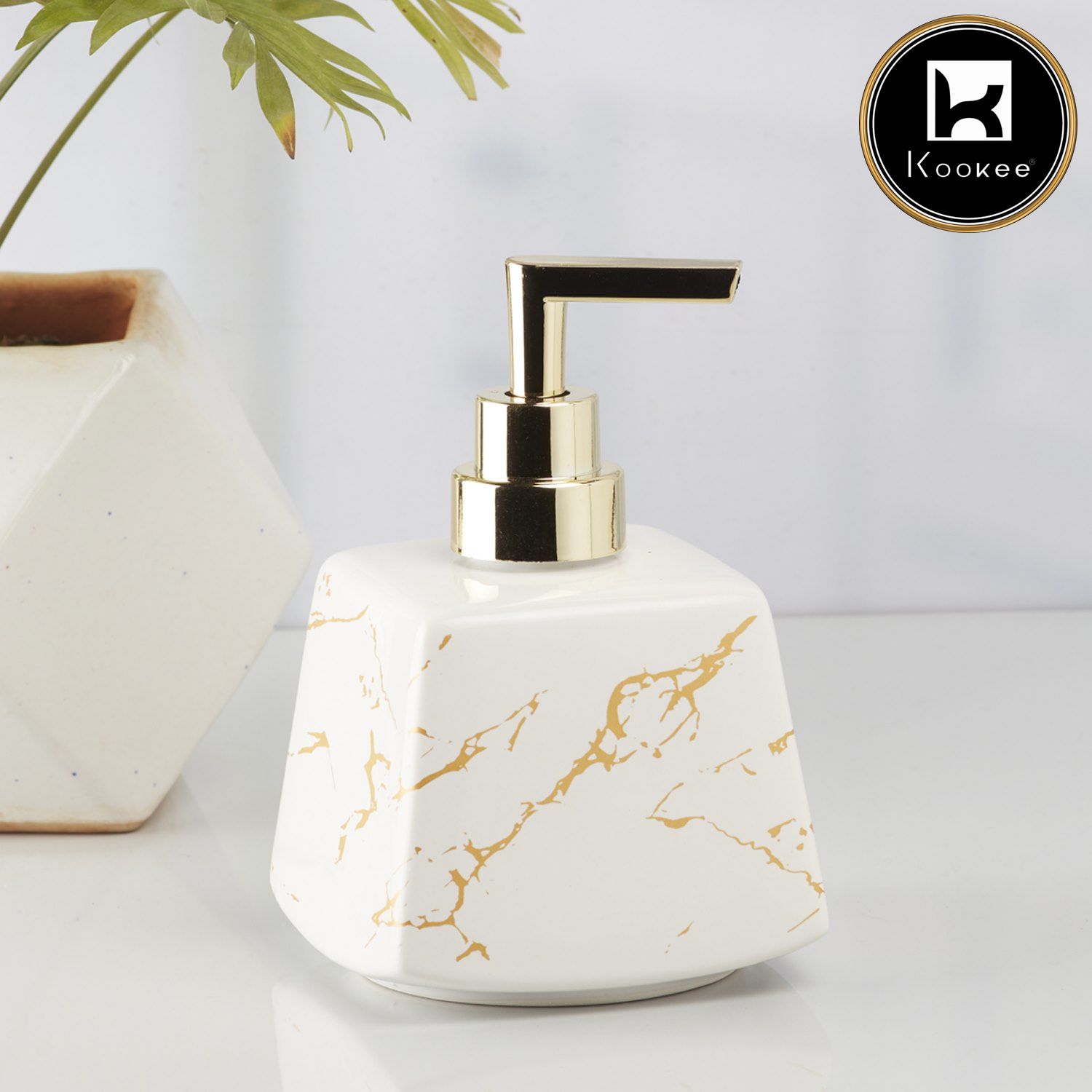 Kookee Ceramic Soap Dispenser with Stylish Refillable Pump Bottle for Bathroom Handwash & Kitchen Wash Basin, Perfect for Hand Soap, Lotion, and more, White/Gold,