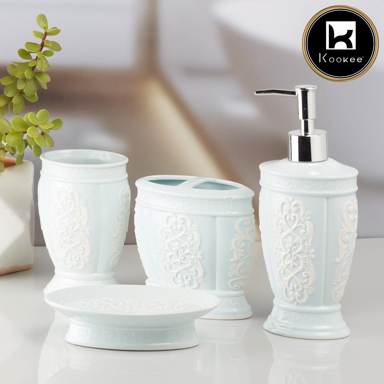 Ceramic Bathroom Set of 4 with Soap Dispenser (10155)