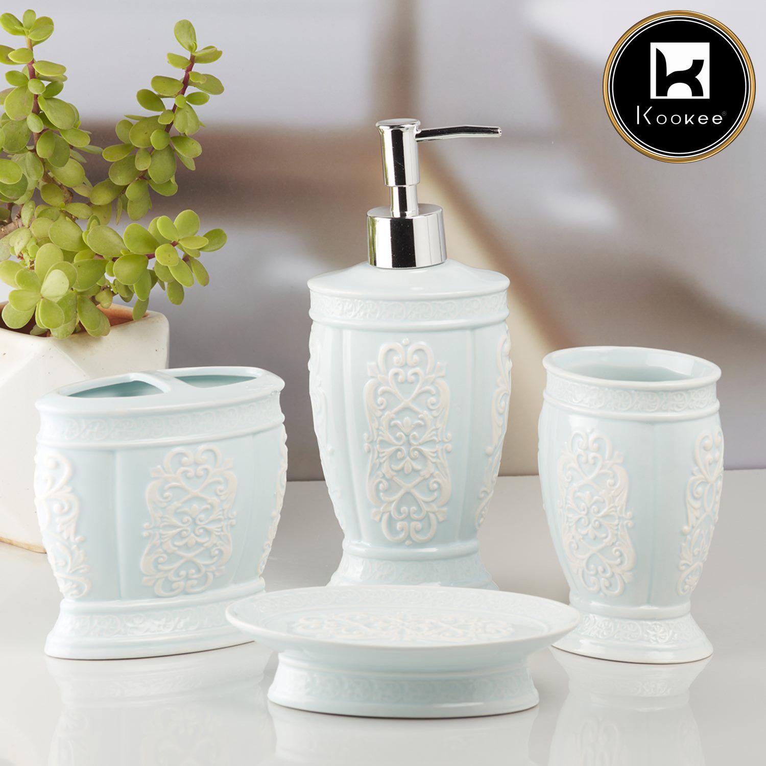 Ceramic Bathroom Set of 4 with Soap Dispenser (10155)