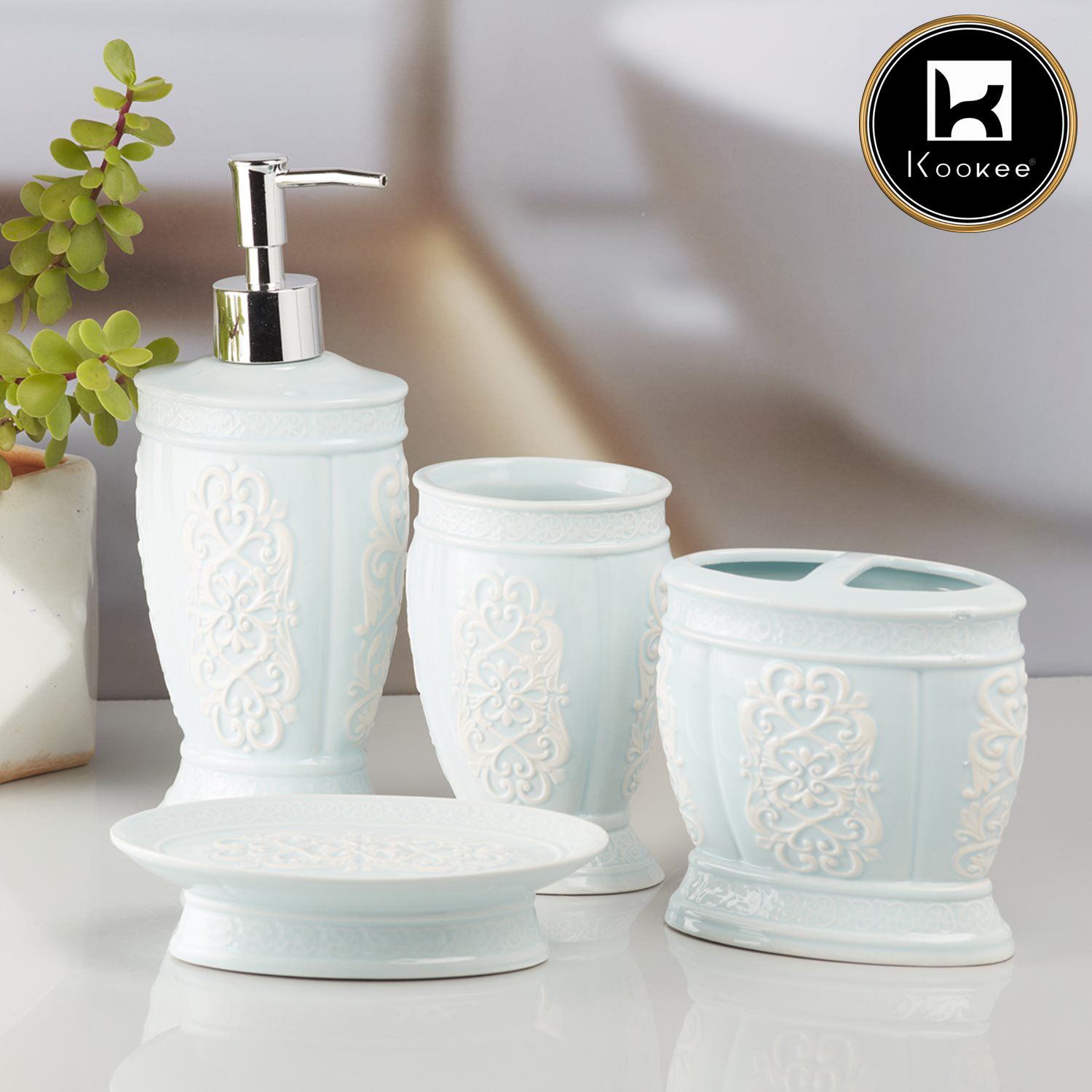 Kookee Ceramic Bathroom Sets, Blue, ART10155