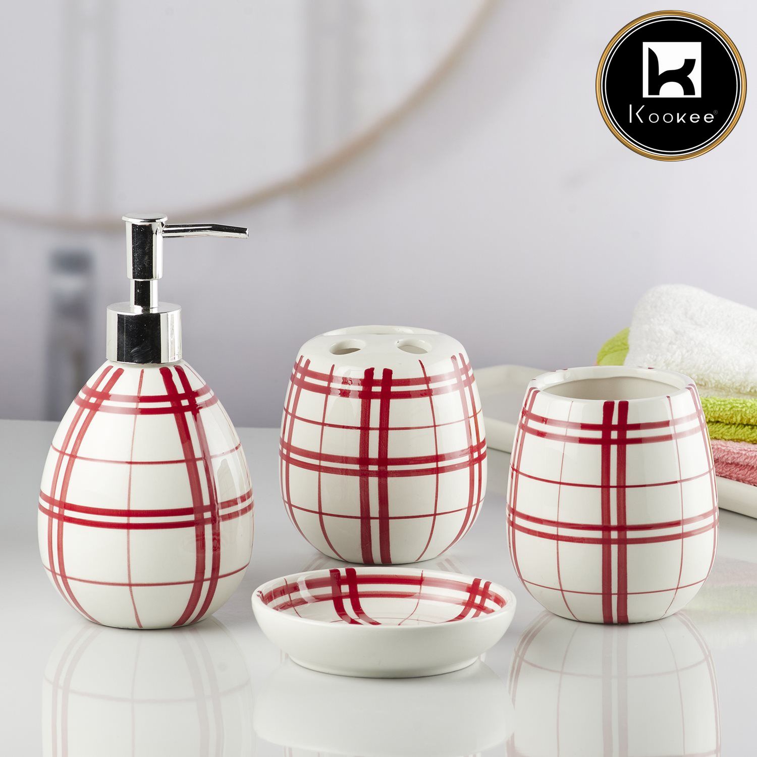 Kookee Ceramic Bathroom Accessories Set of 4, Modern Bath Set with Liquid handwash Soap Dispenser and Toothbrush holder, Luxury Gift Accessory for Home, White/Red