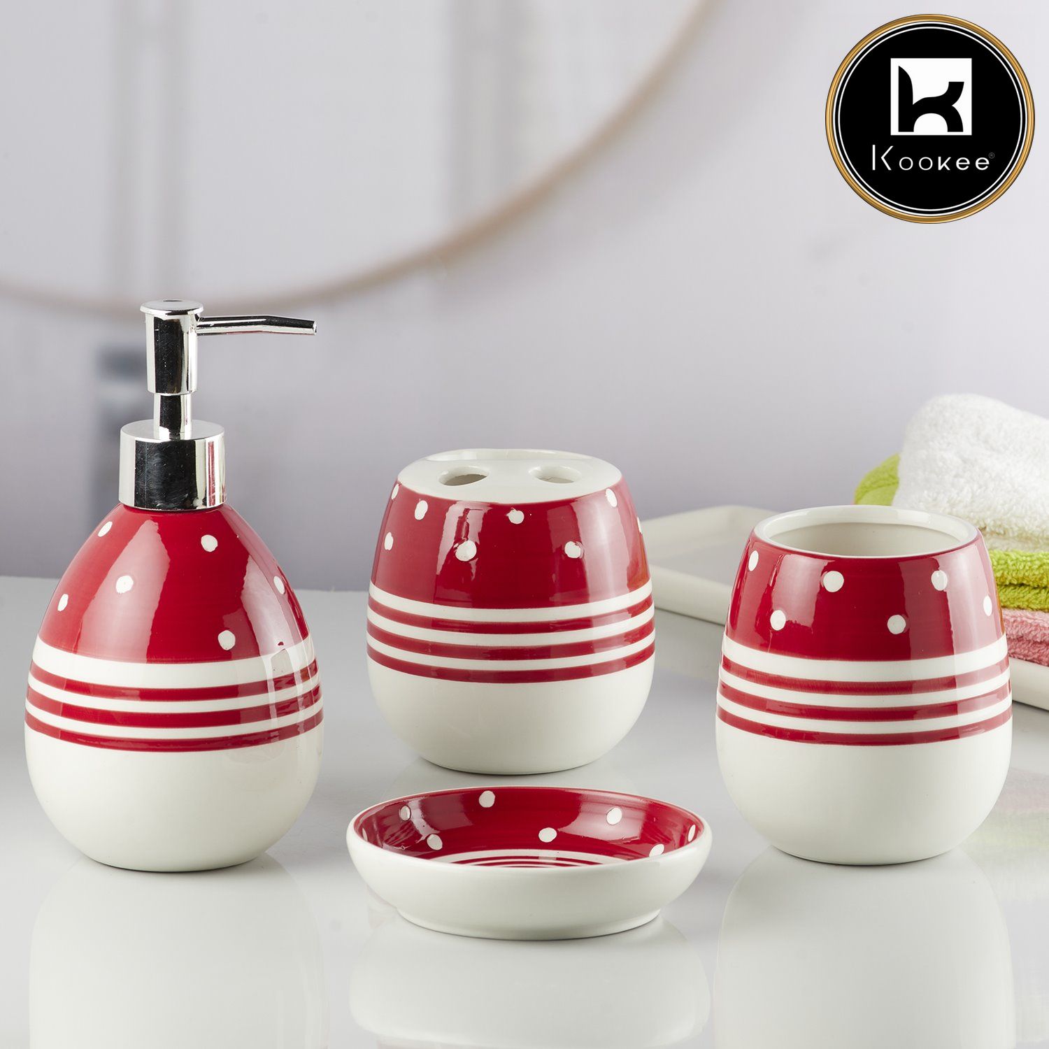 Kookee Ceramic Bathroom Accessories Set of 4, Modern Bath Set with Liquid handwash Soap Dispenser and Toothbrush holder, Luxury Gift Accessory for Home, White/Red