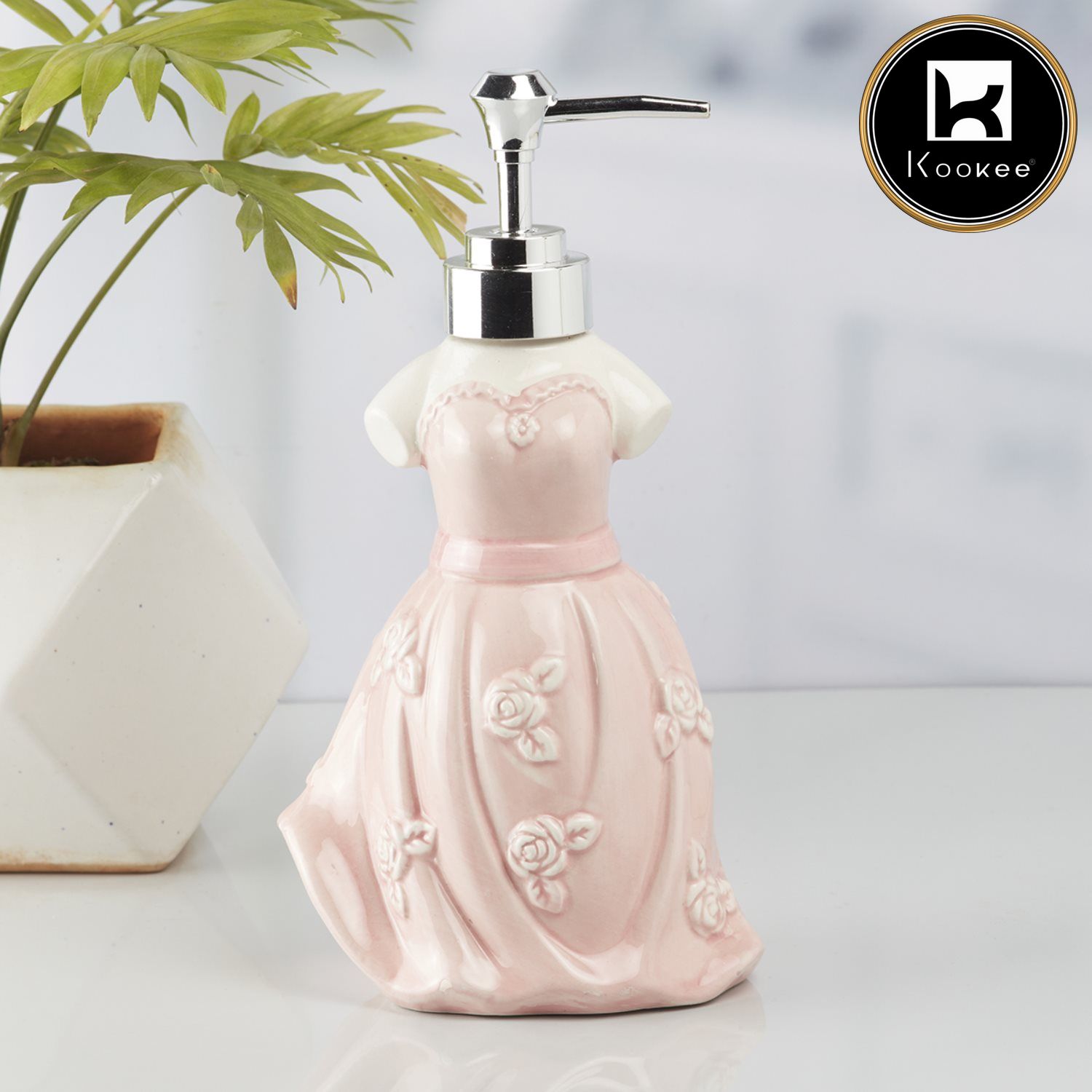 Kookee Ceramic Soap Dispenser with Stylish Refillable Pump Bottle for Bathroom Handwash & Kitchen Wash Basin, Perfect for Hand Soap, Lotion, and more, Pink,