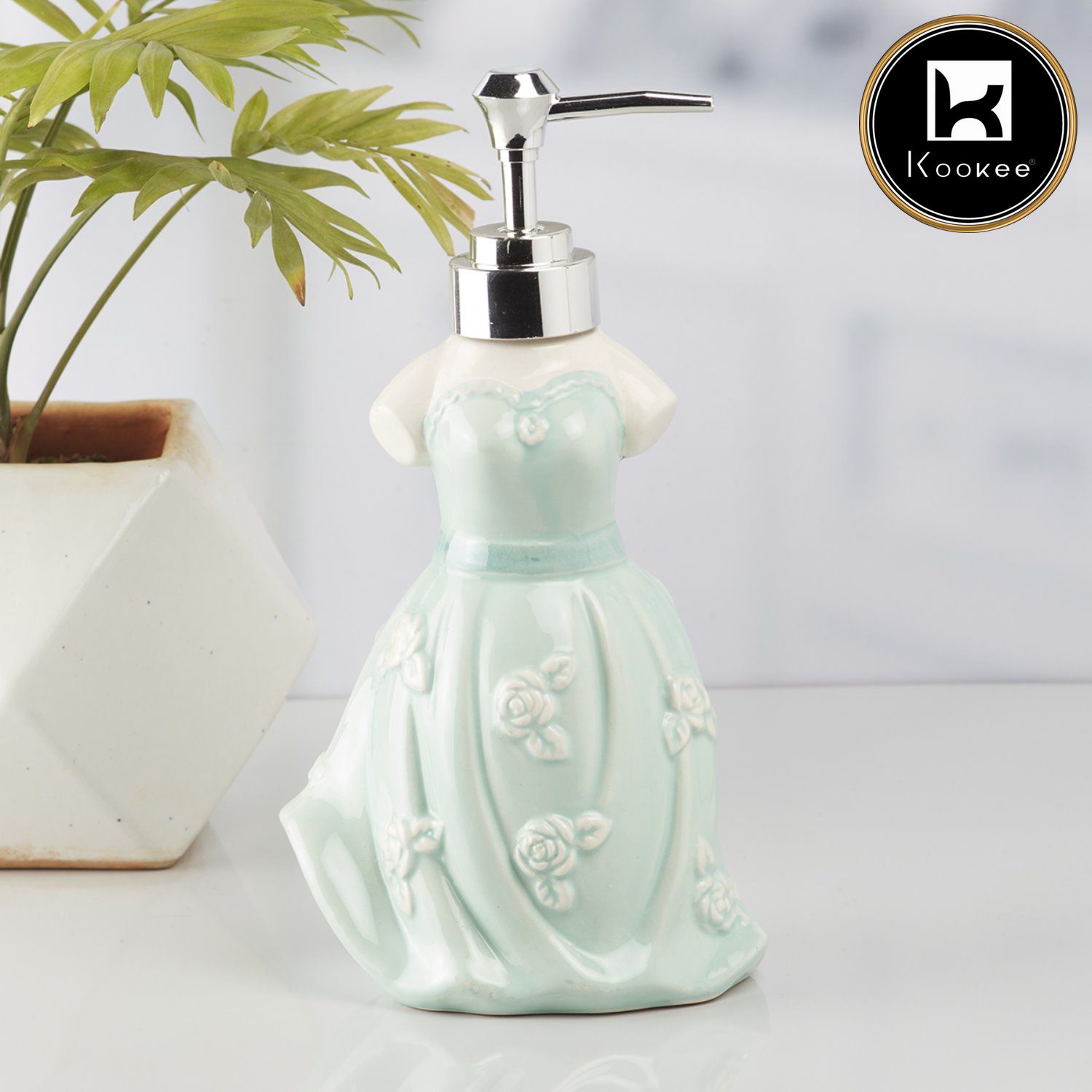 Kookee Ceramic Soap Dispenser with Stylish Refillable Pump Bottle for Bathroom Handwash & Kitchen Wash Basin, Perfect for Hand Soap, Lotion, and more, Green,