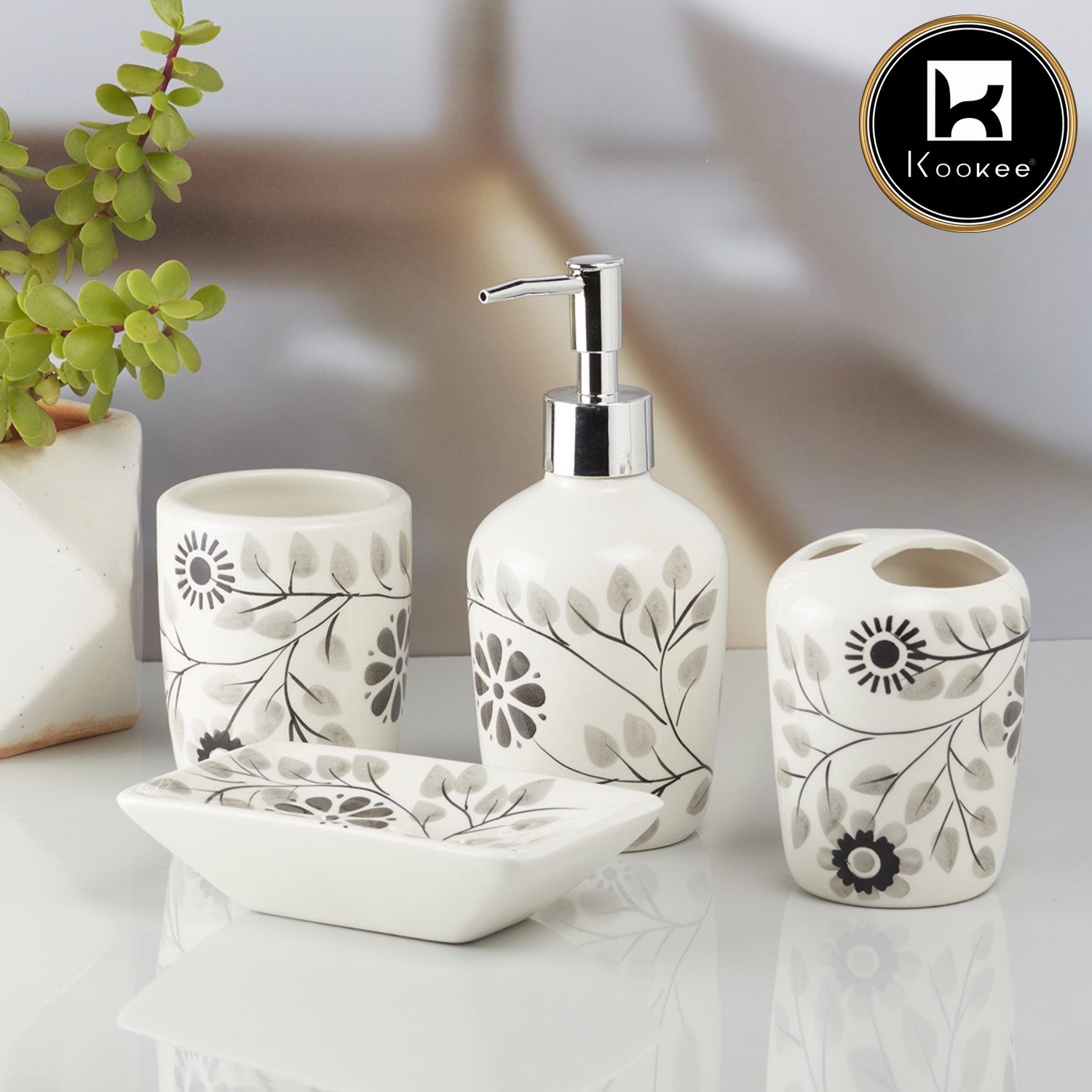 Ceramic Bathroom Set of 4 with Soap Dispenser (10164)