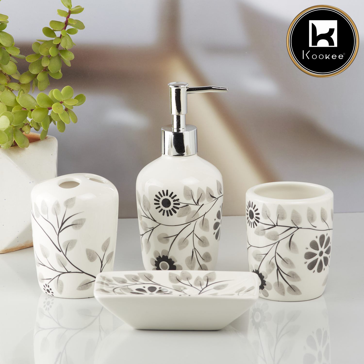 Ceramic Bathroom Set of 4 with Soap Dispenser (10164)