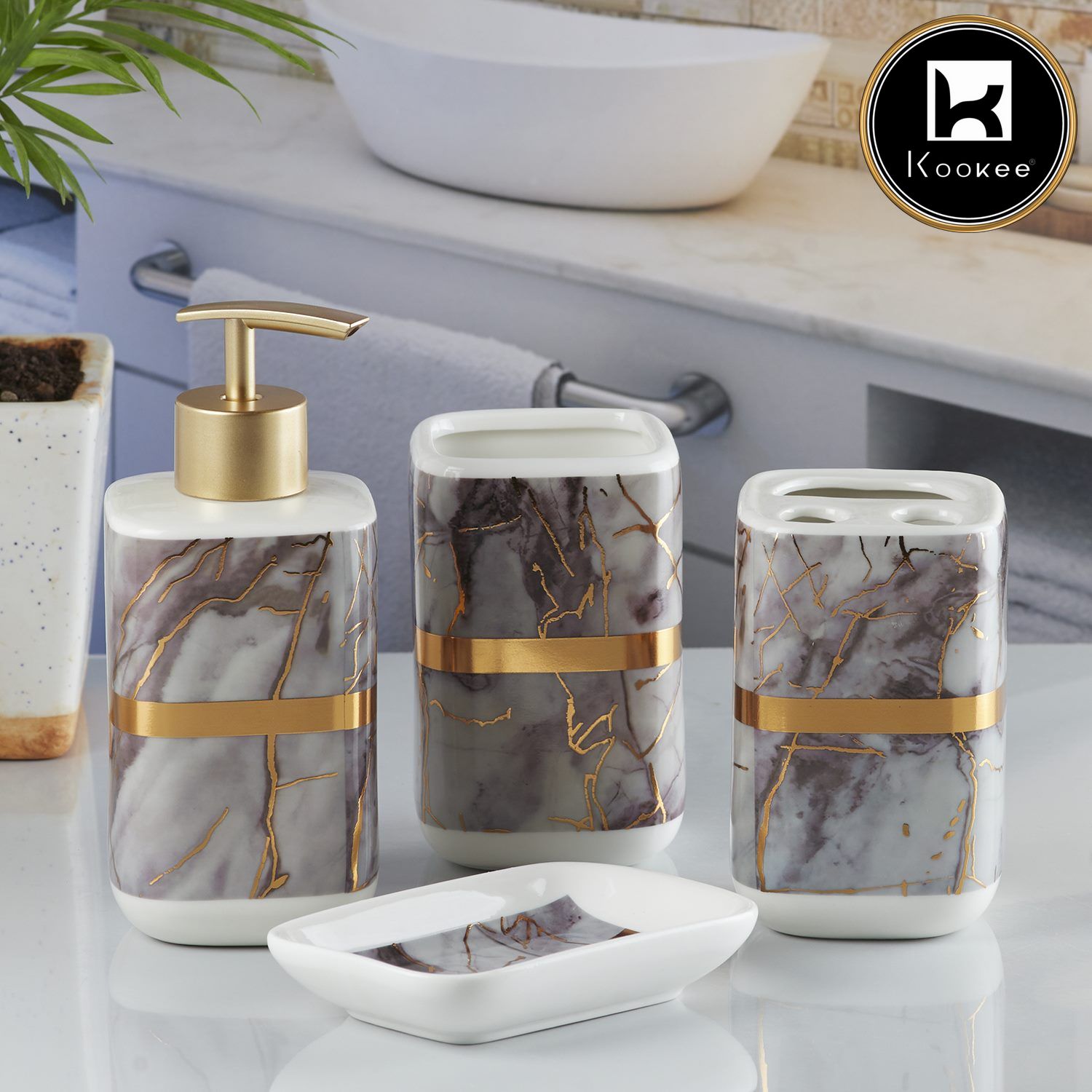 Ceramic Bathroom Accessories Set of 4 with Soap Dispenser (10165)