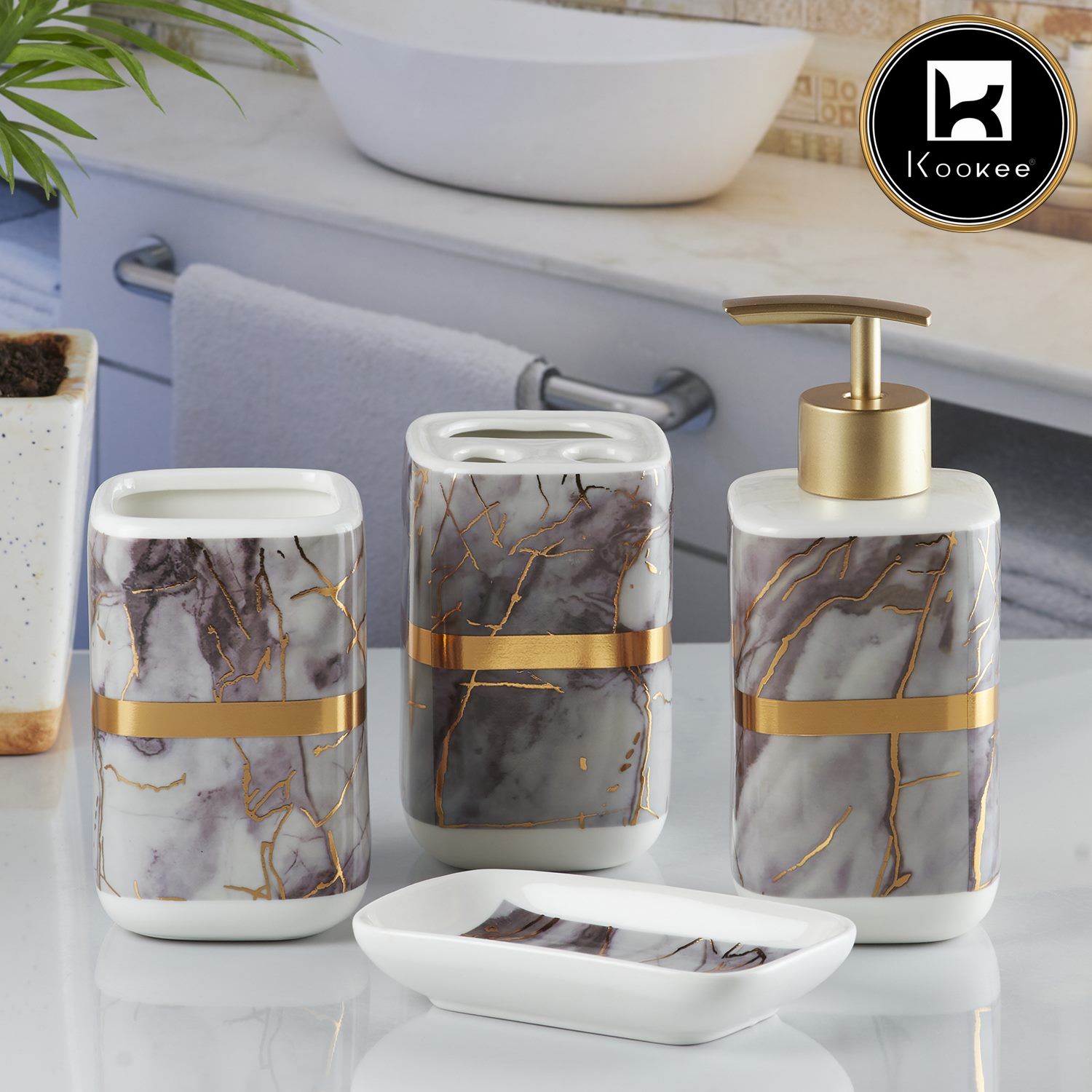 Ceramic Bathroom Accessories Set of 4 with Soap Dispenser (V-CBS-006-5)