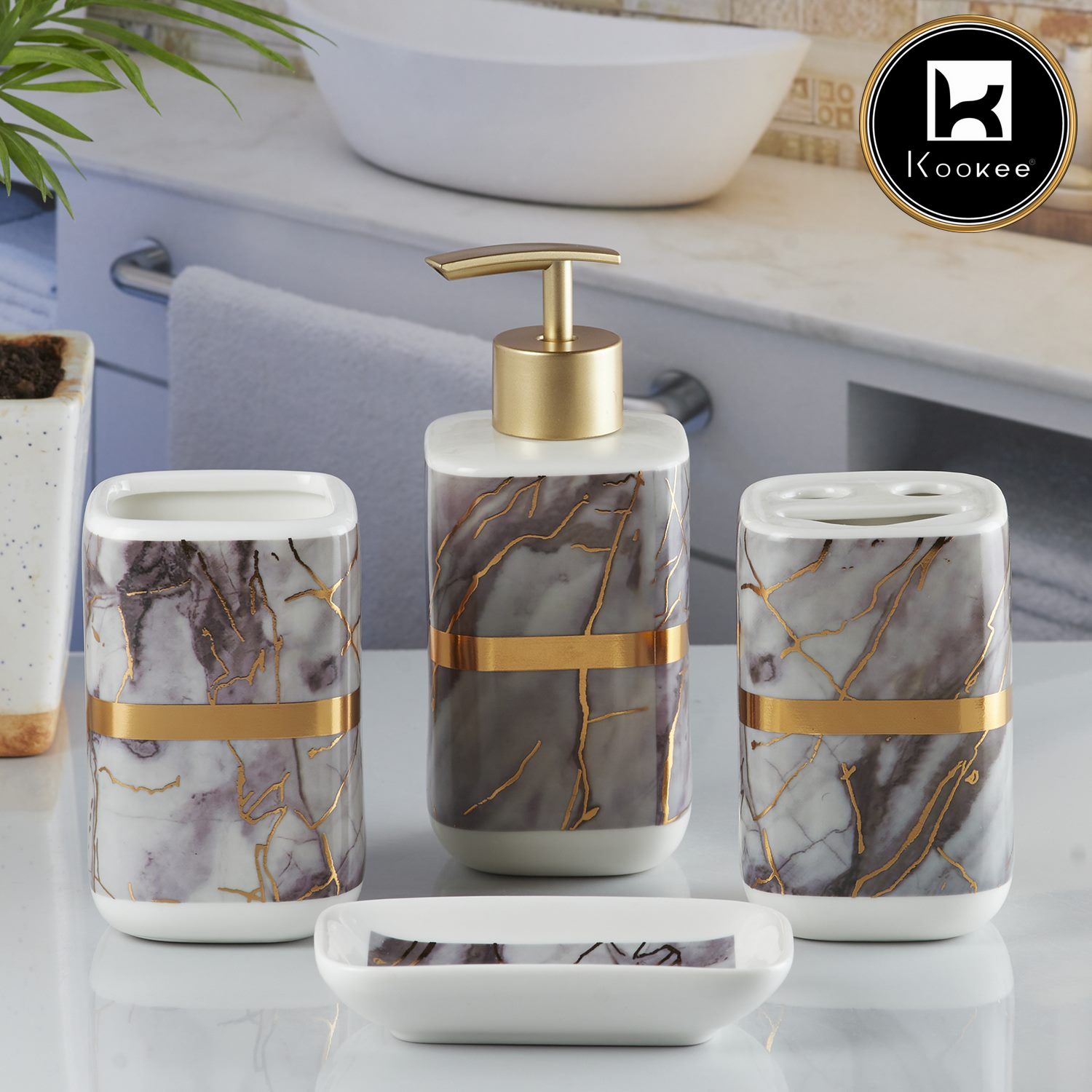 Ceramic Bathroom Accessories Set of 4 with Soap Dispenser (V-CBS-006-5)