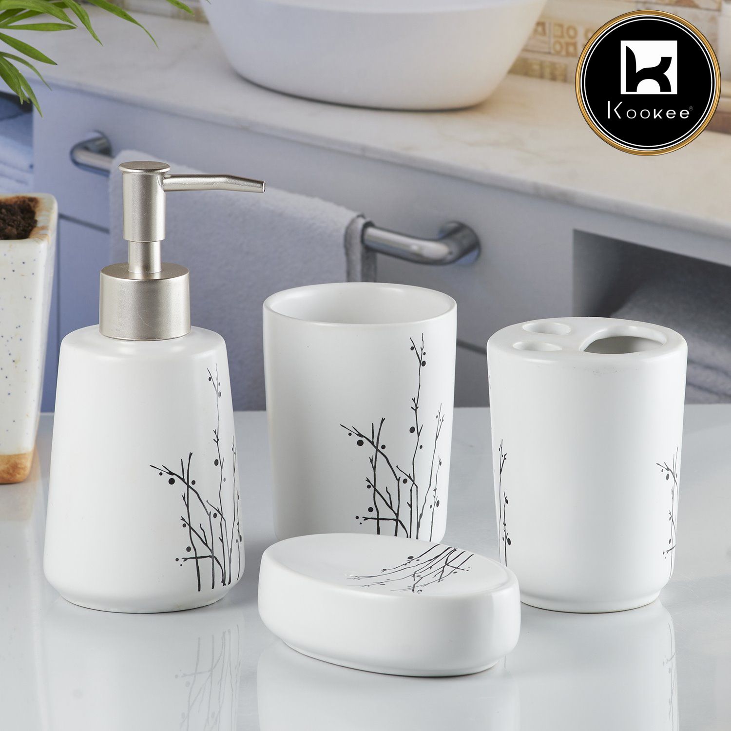 Ceramic Bathroom Accessories Set of 4 with Soap Dispenser (10166)