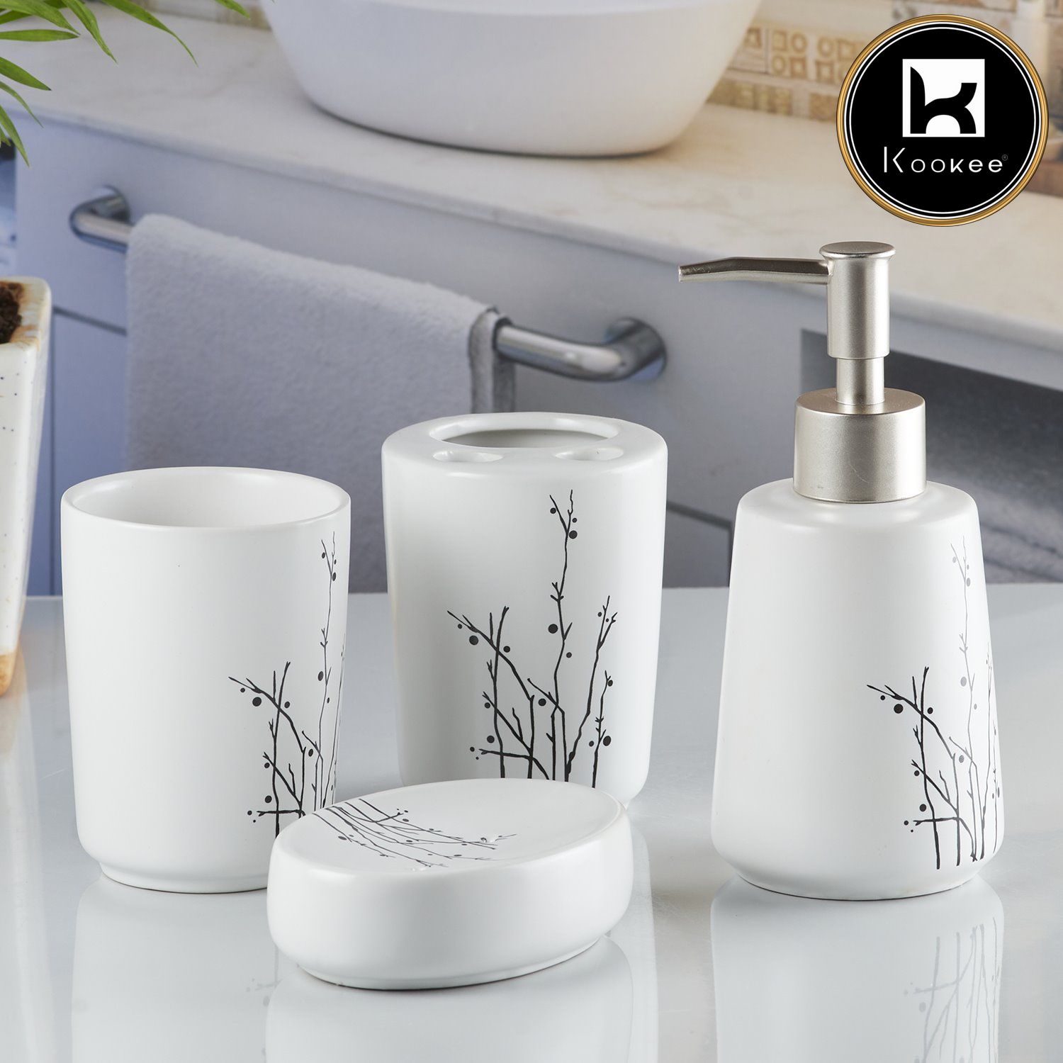 Ceramic Bathroom Accessories Set of 4 with Soap Dispenser (10166)