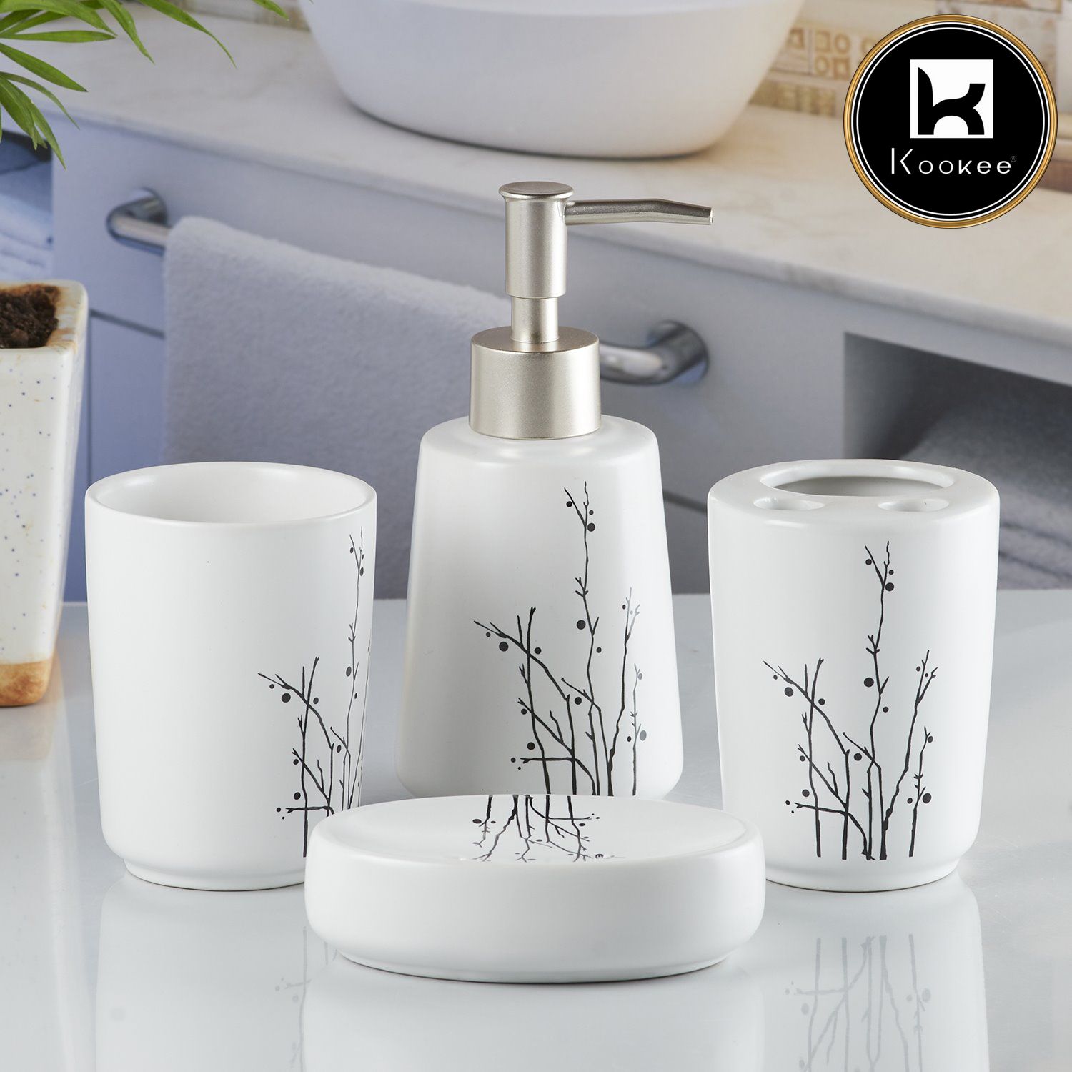 Ceramic Bathroom Accessories Set of 4 with Soap Dispenser (10166)