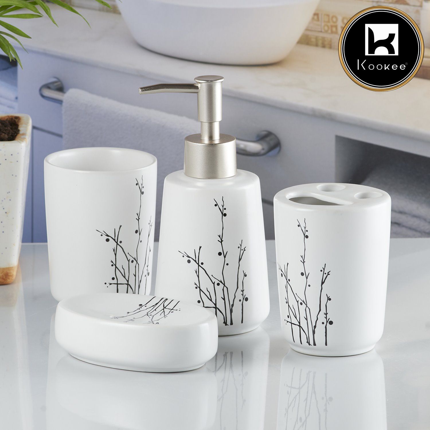 Ceramic Bathroom Accessories Set of 4 with Soap Dispenser (V-CBS-081)