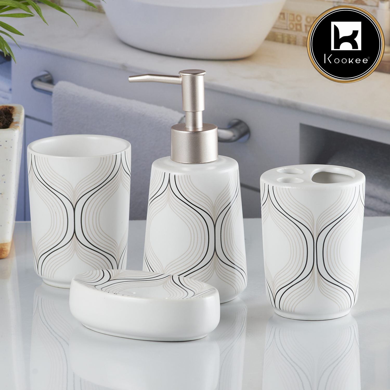 Kookee Ceramic Bathroom Accessories Set of 4, Modern Bath Set with Liquid handwash Soap Dispenser and Toothbrush holder, Luxury Gift Accessory for Home, White/Black