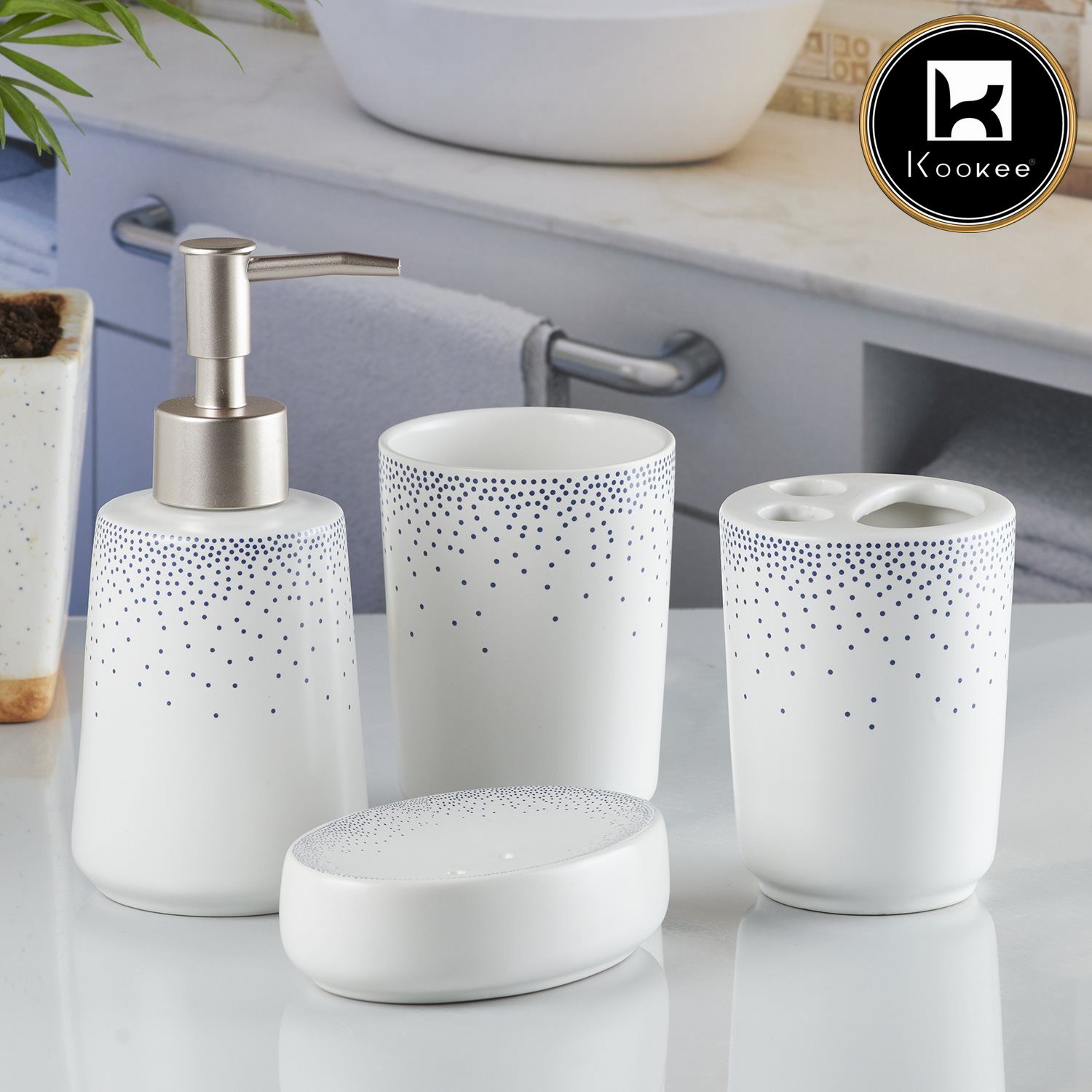 Ceramic Bathroom Accessories Set of 4 with Soap Dispenser (10168)