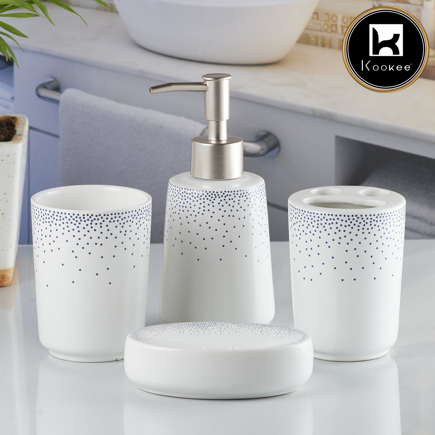 Ceramic Bathroom Accessories Set of 4 with Soap Dispenser (10168)