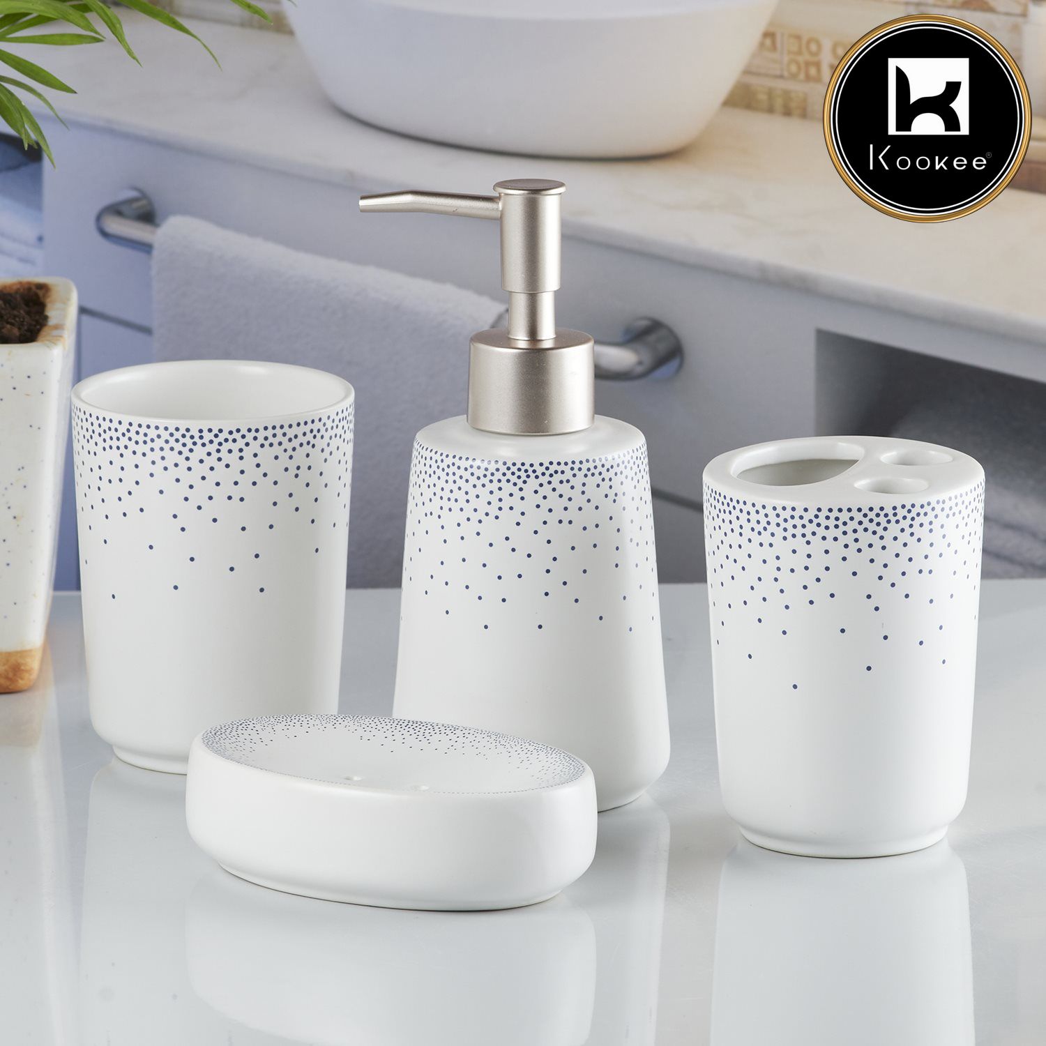 Ceramic Bathroom Accessories Set of 4 with Soap Dispenser (10168)