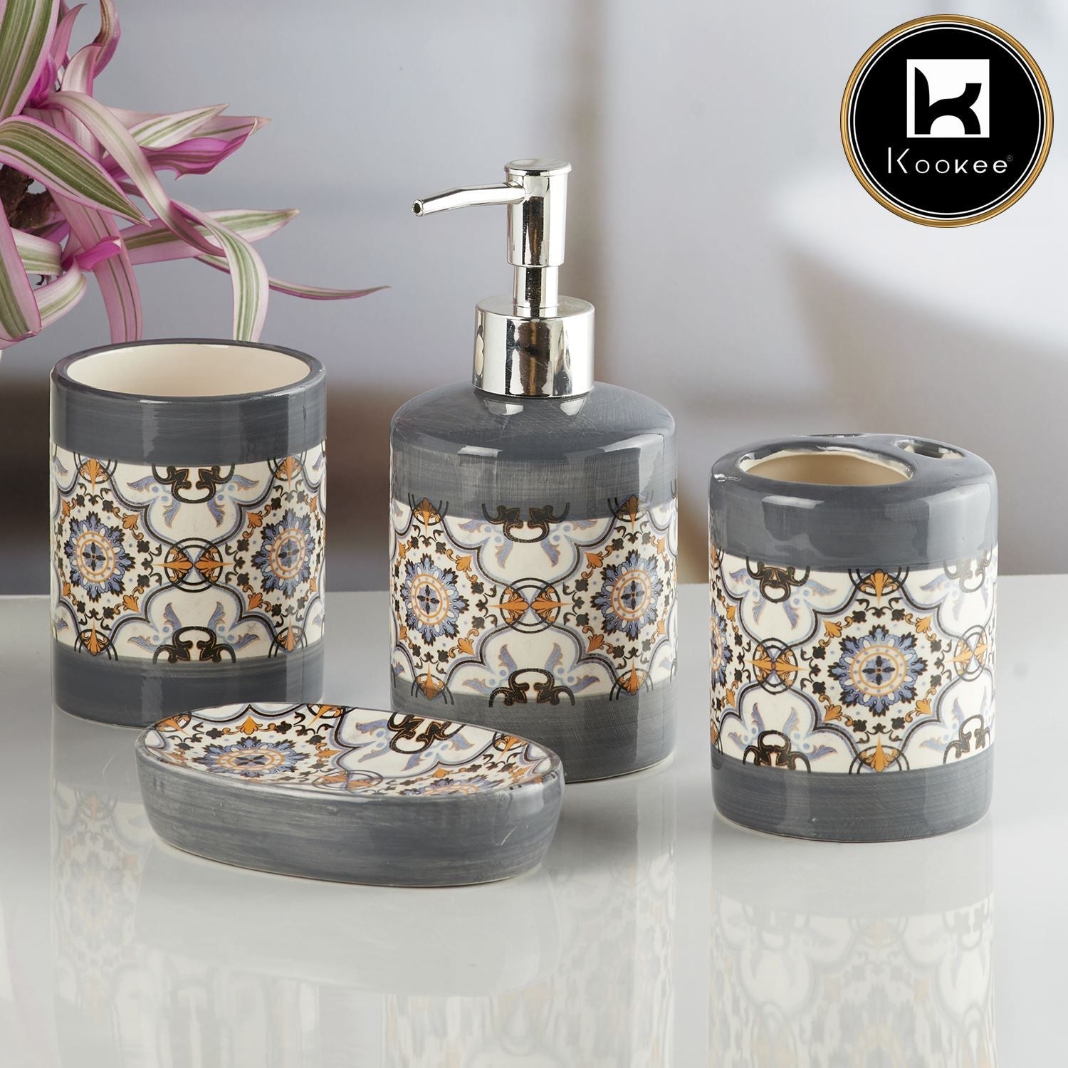 Ceramic Bathroom Set of 4 with Soap Dispenser (10175)