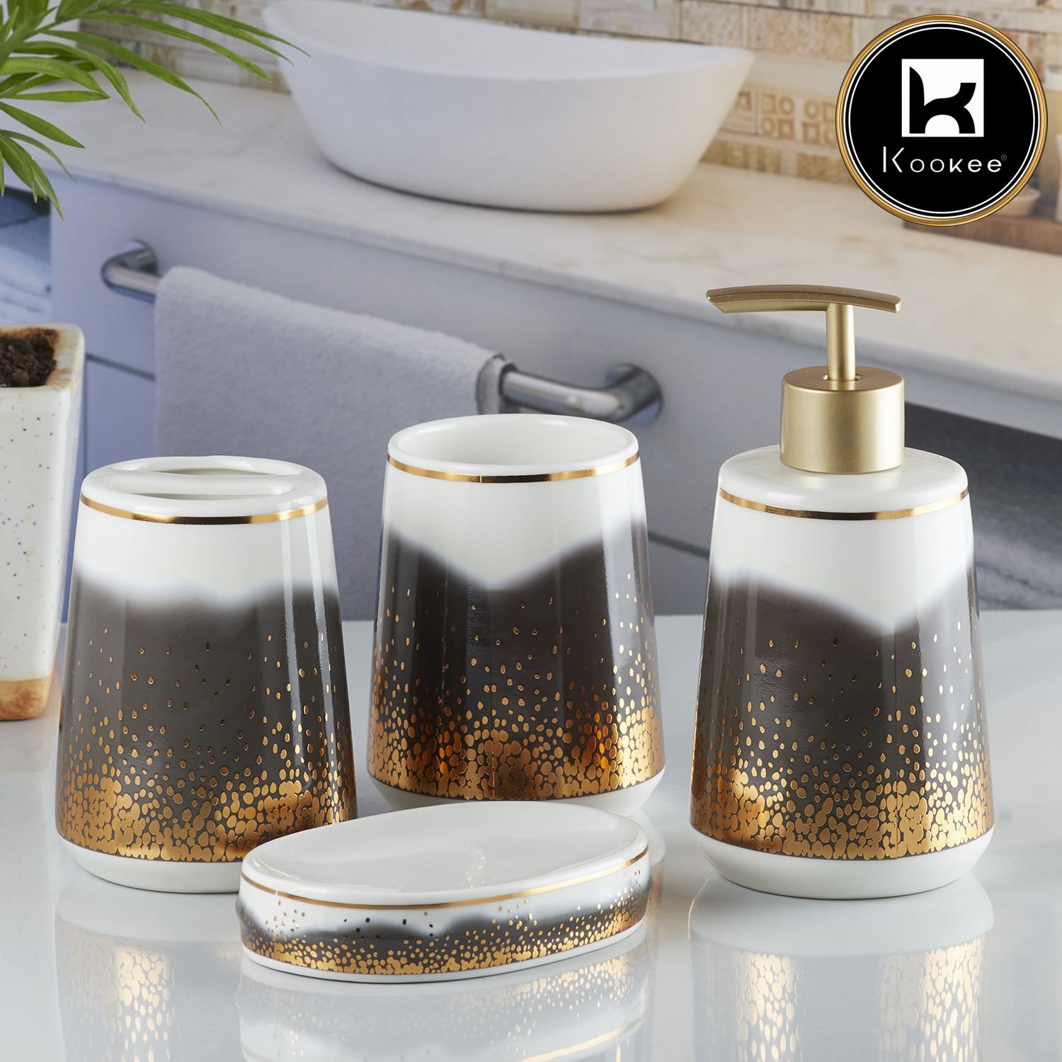 Ceramic Bathroom Set of 4 with Soap Dispenser (10177)