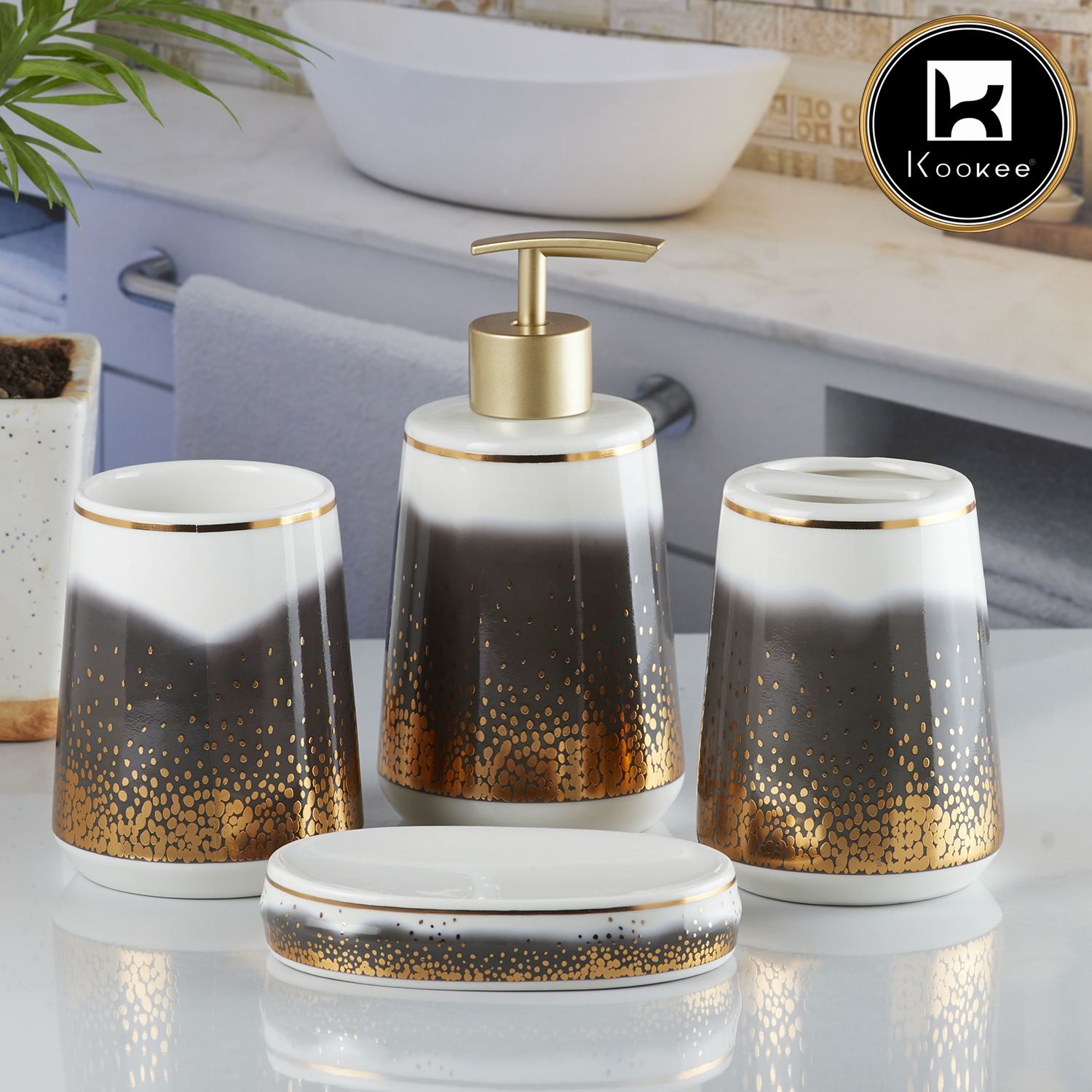 Ceramic Bathroom Set of 4 with Soap Dispenser (10177)