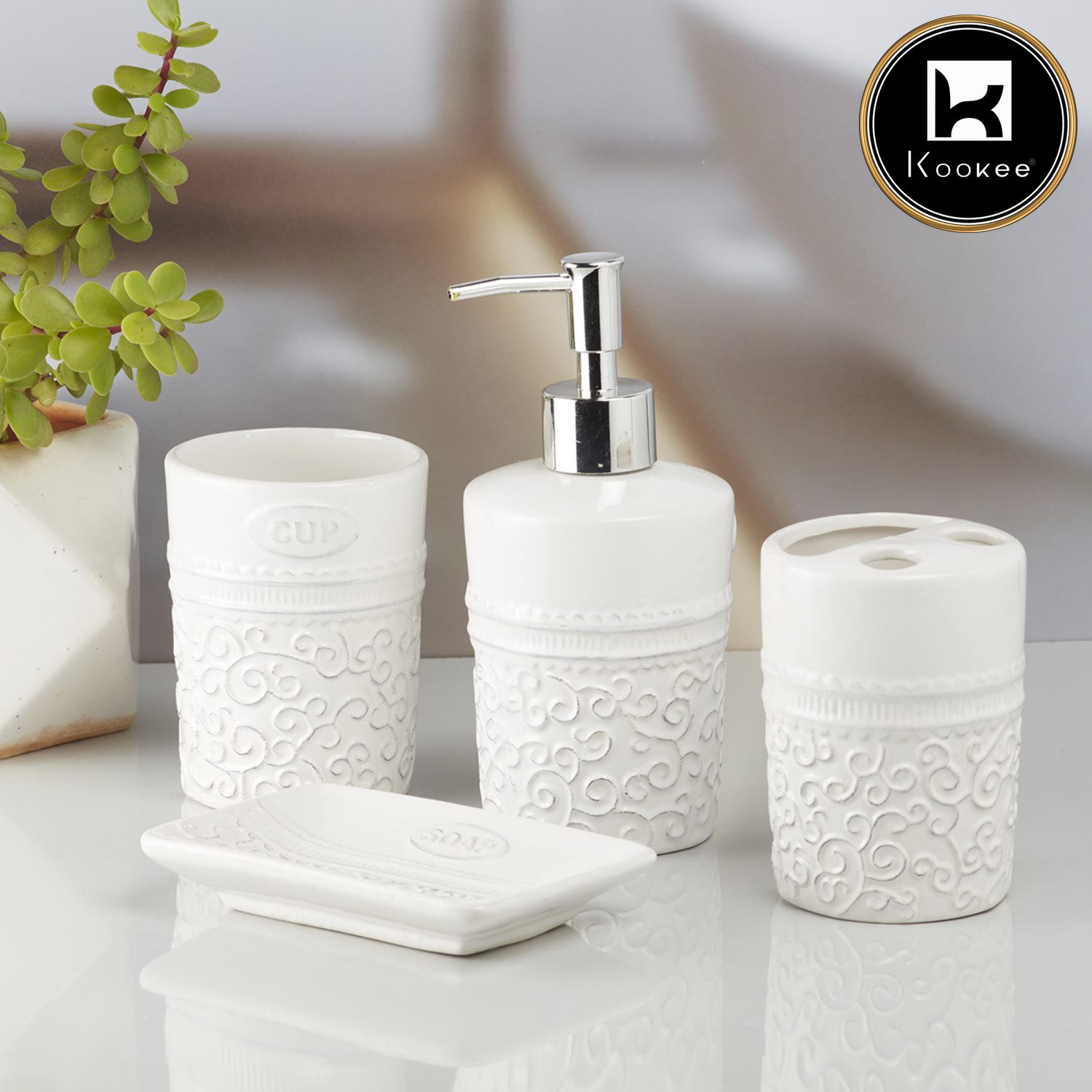 Ceramic Bathroom Set of 4 with Soap Dispenser (10180)