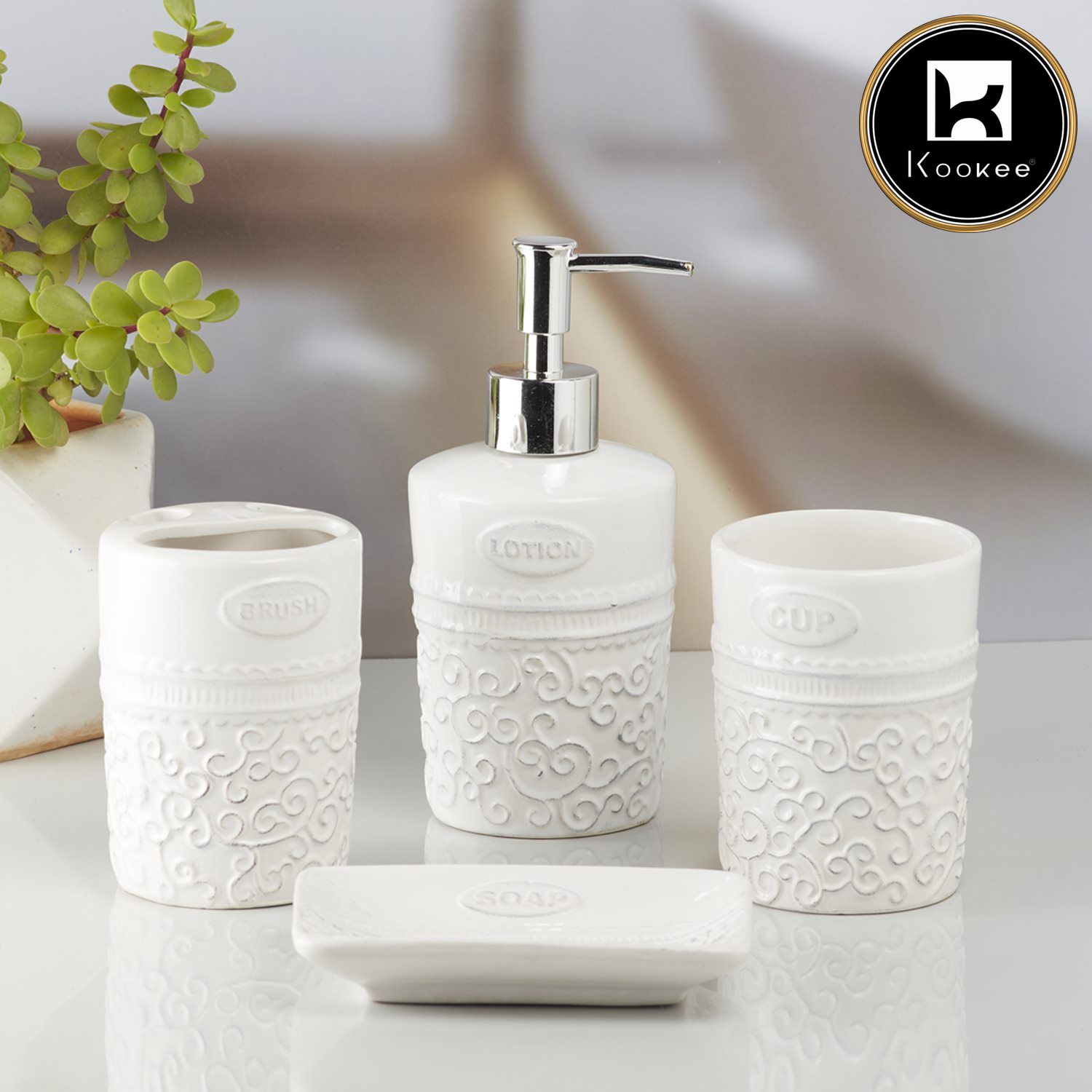 Ceramic Bathroom Set of 4 with Soap Dispenser (10180)