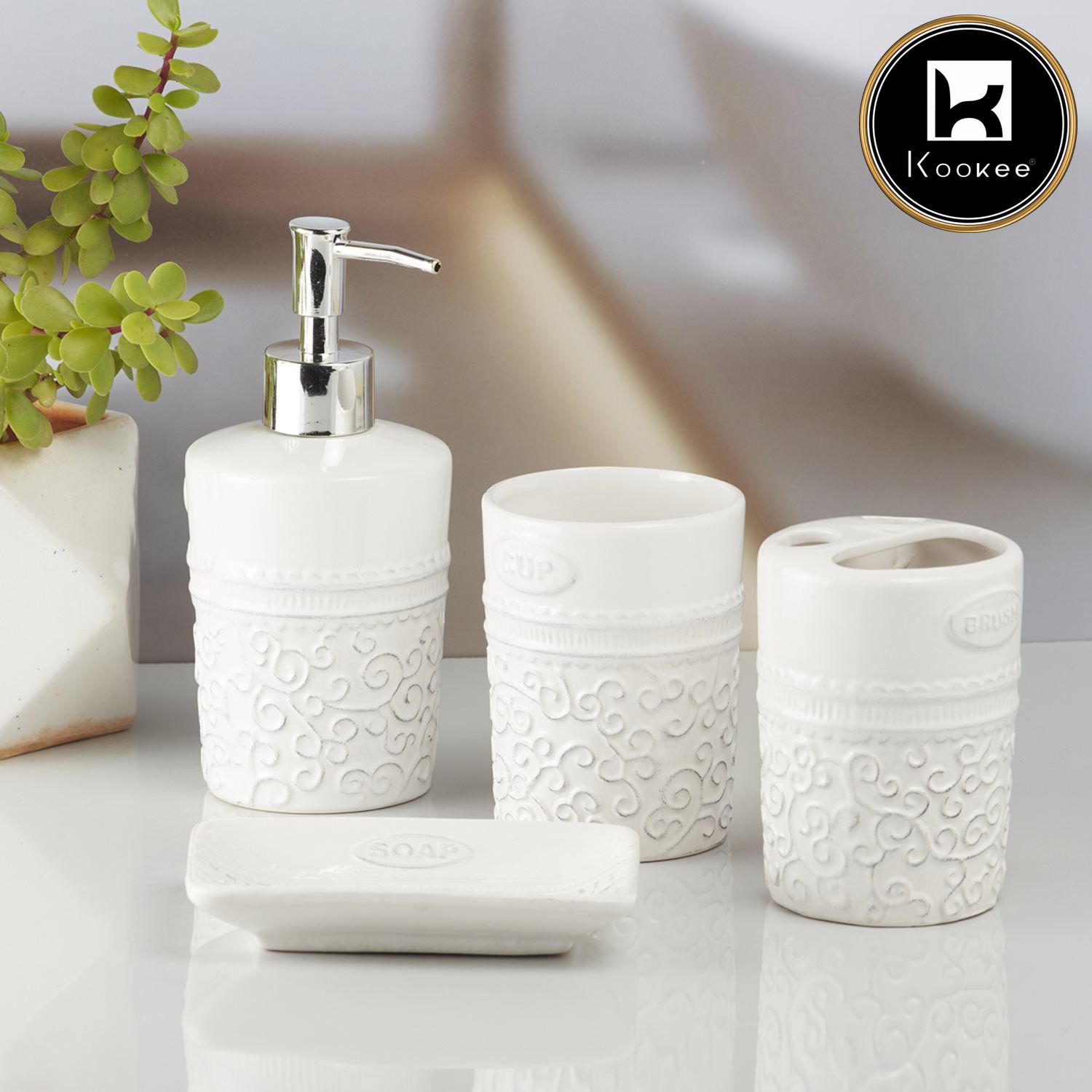 Ceramic Bathroom Set of 4 with Soap Dispenser (10180)