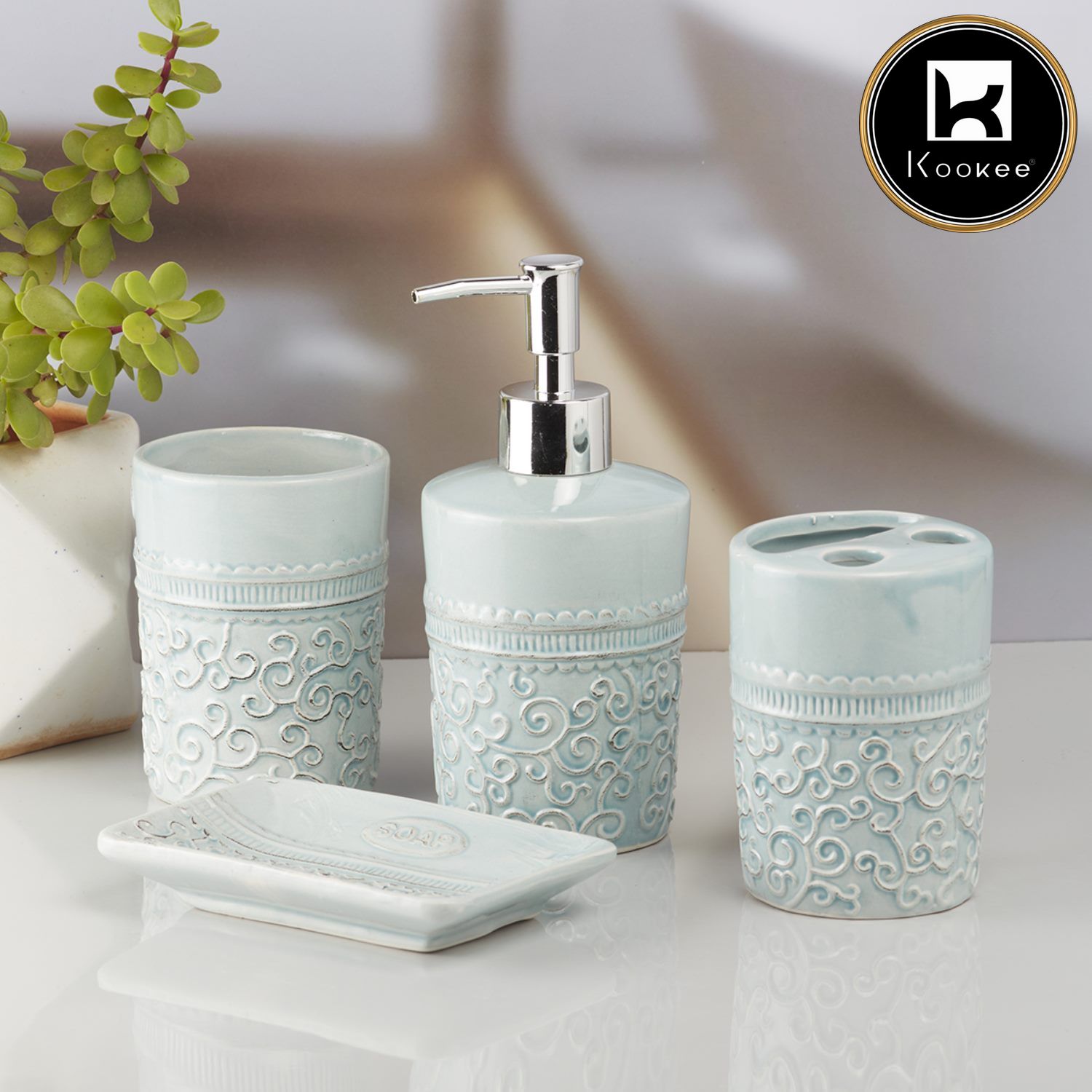 Ceramic Bathroom Set of 4 with Soap Dispenser (10181)