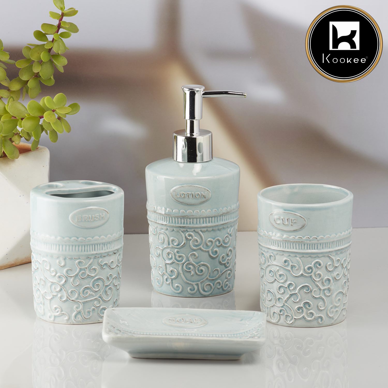 Ceramic Bathroom Set of 4 with Soap Dispenser (10181)